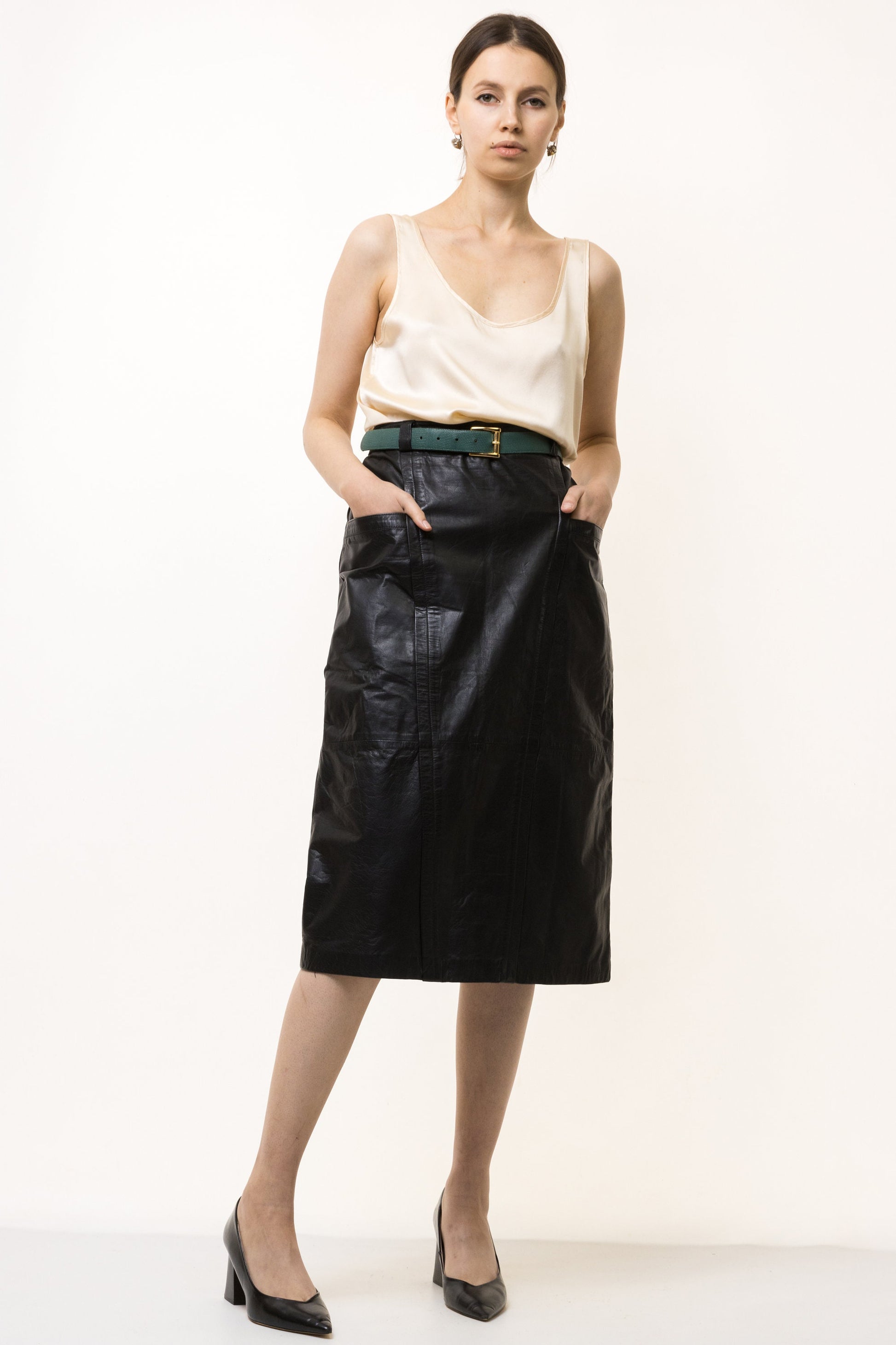 80s Leather Midi Skirt / High Waist Leather Midi Skirt Med / Minimalist Black Skirt / Leather Midi Pencil Skirt Small Medium 4834