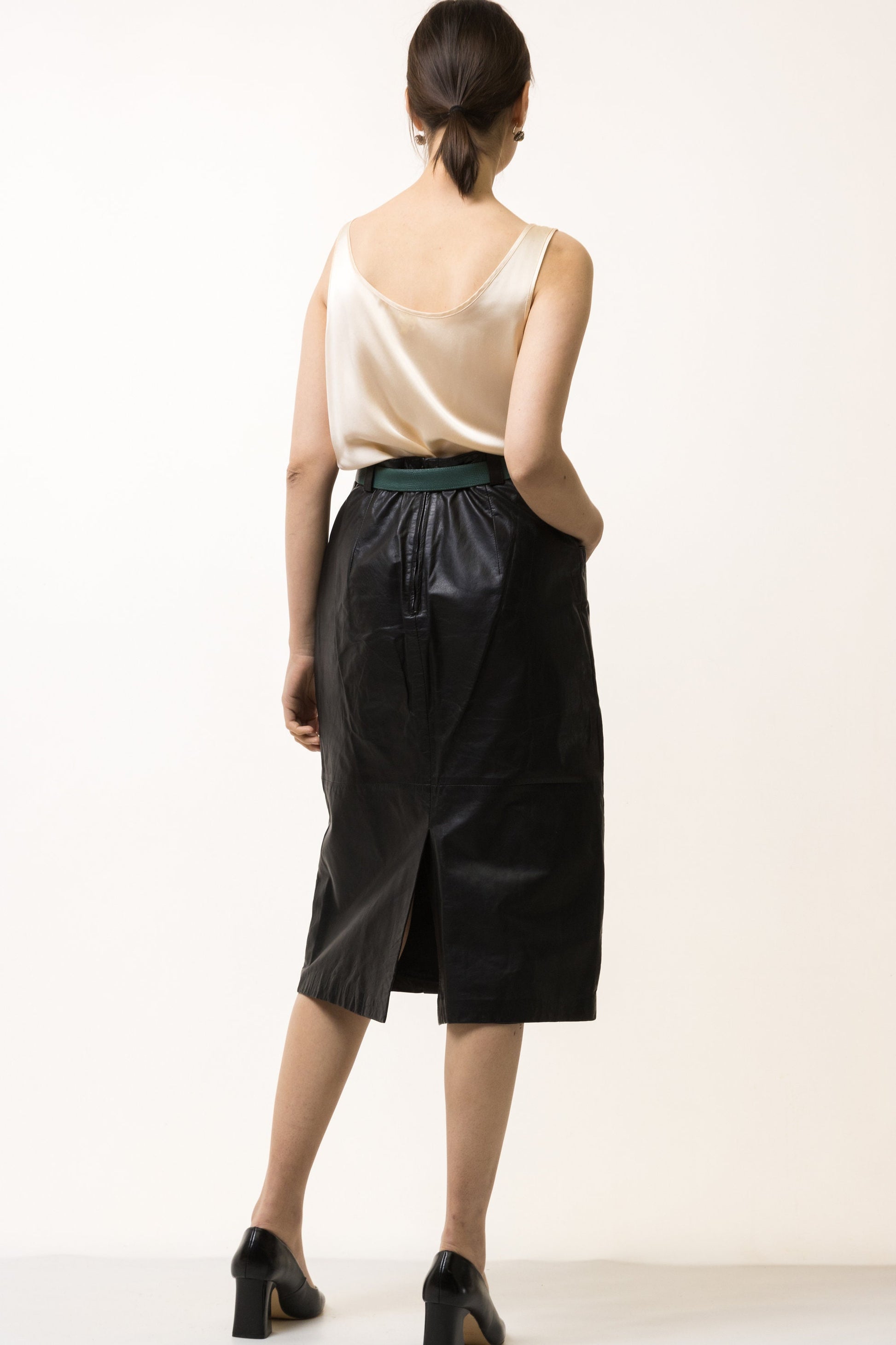 80s Leather Midi Skirt / High Waist Leather Midi Skirt Med / Minimalist Black Skirt / Leather Midi Pencil Skirt Small Medium 4834