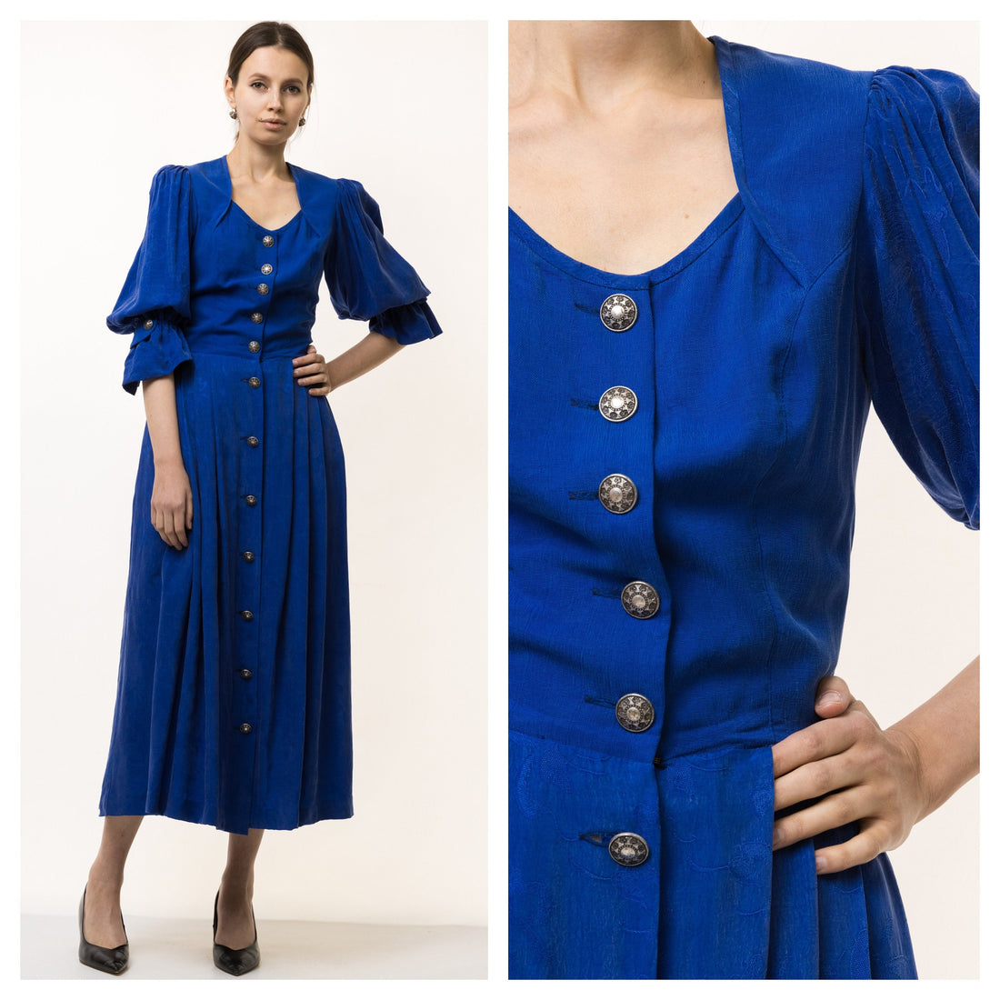 Vintage Austrian Dirndl Dress With Puffy Sleeves Button Down Deep Blue Midi 100% Modal Handmade Austria Trachten Cottage Core Size S 4866