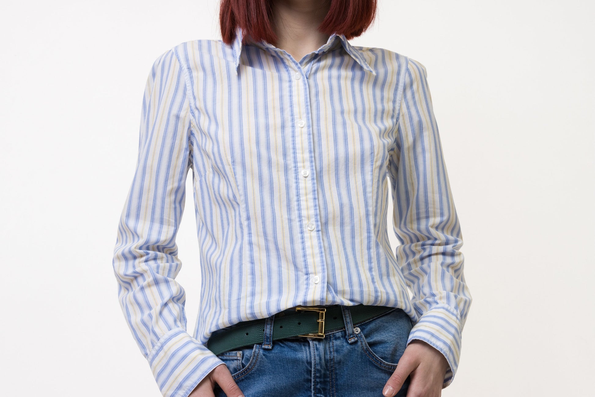 90s Vintage Tommy Hilfiger Striped Blue Logo Long Sleeve Buttons Up Woman Shirt in M size 4921/ Vintage Tommy Hilfiger Blue Woman Shirt