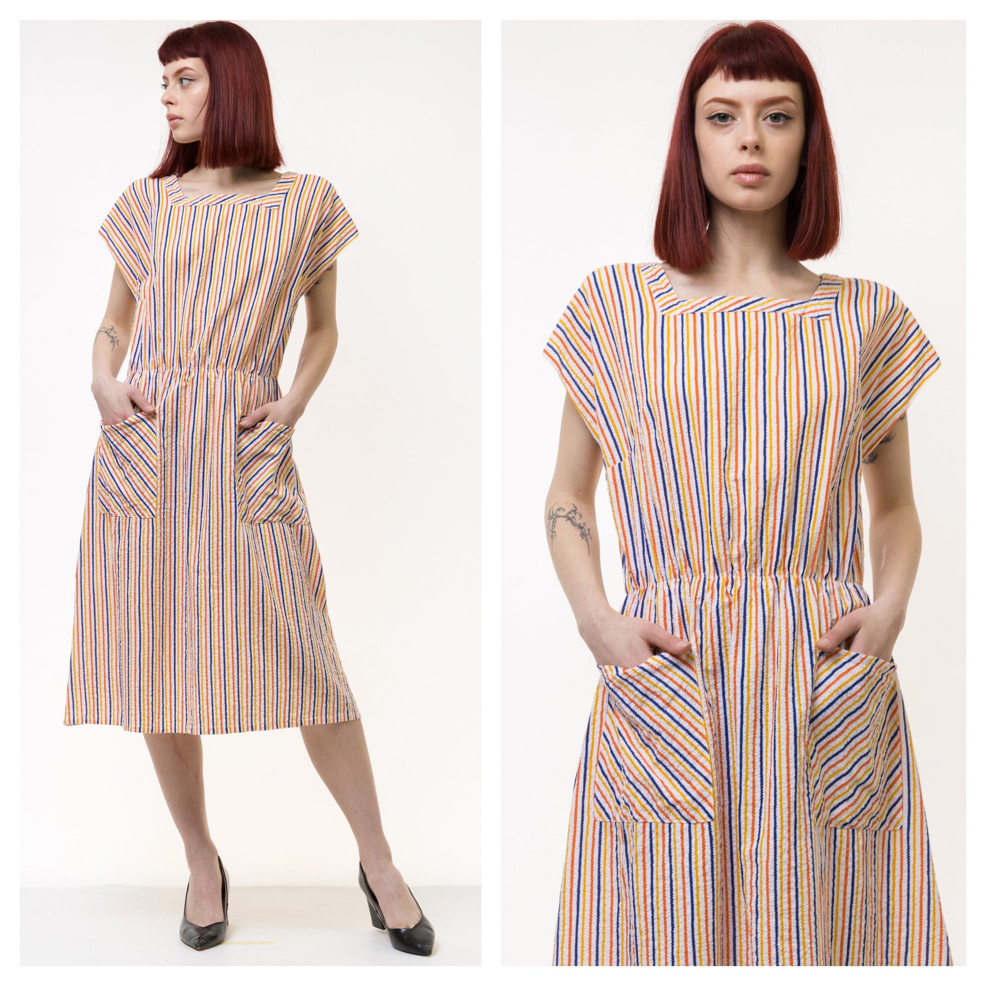 80s Vintage Woman Midi Long Robe Style Dress size Small Medium 4946 Vintage Woman Bohemian Midi Striped Pattern Dress size S Small