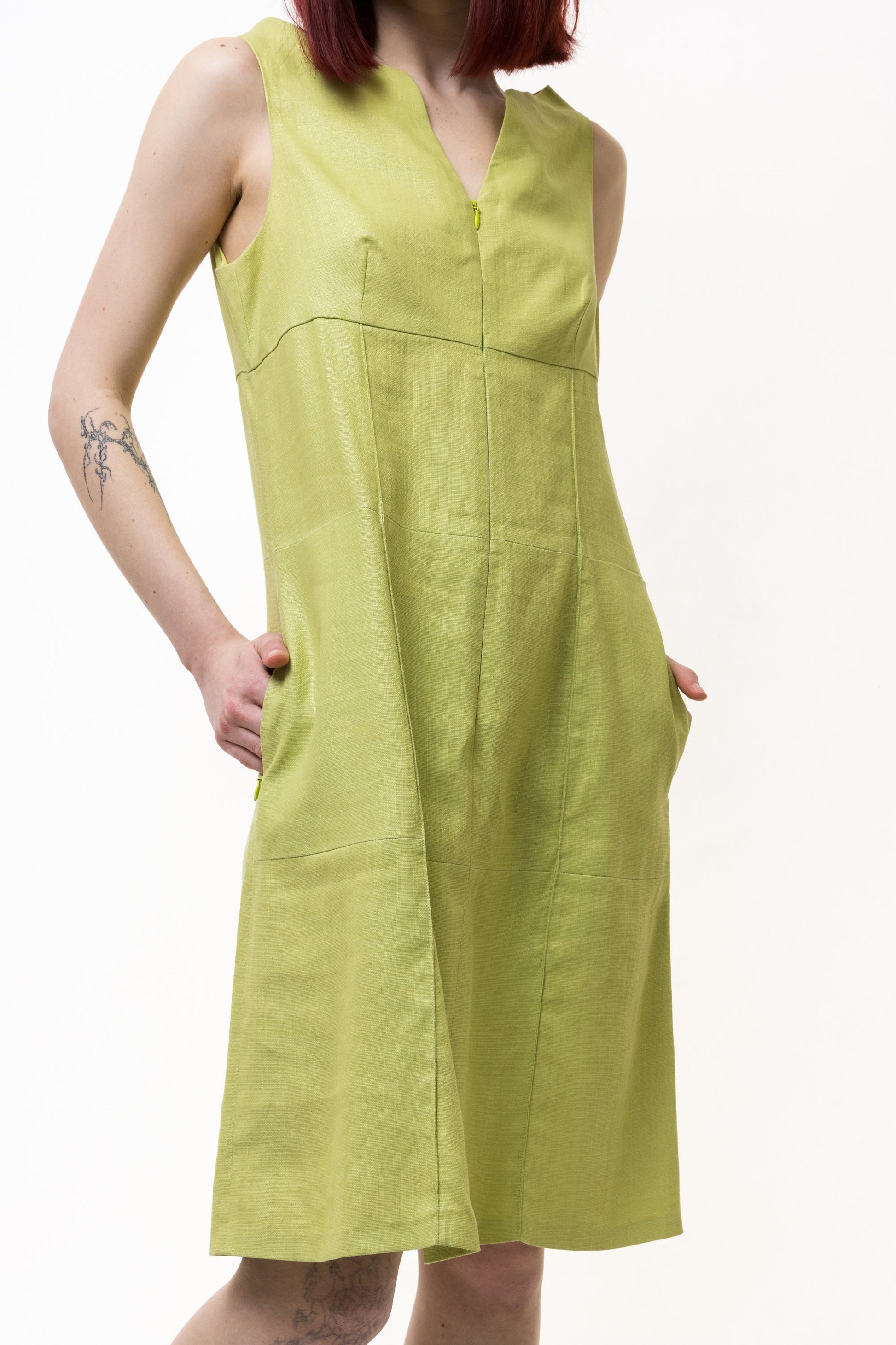 True Vintage 1990s Linen Midi Green Dress by Kenzo Casual Streetwear Backless Summer Minimalist size S/M