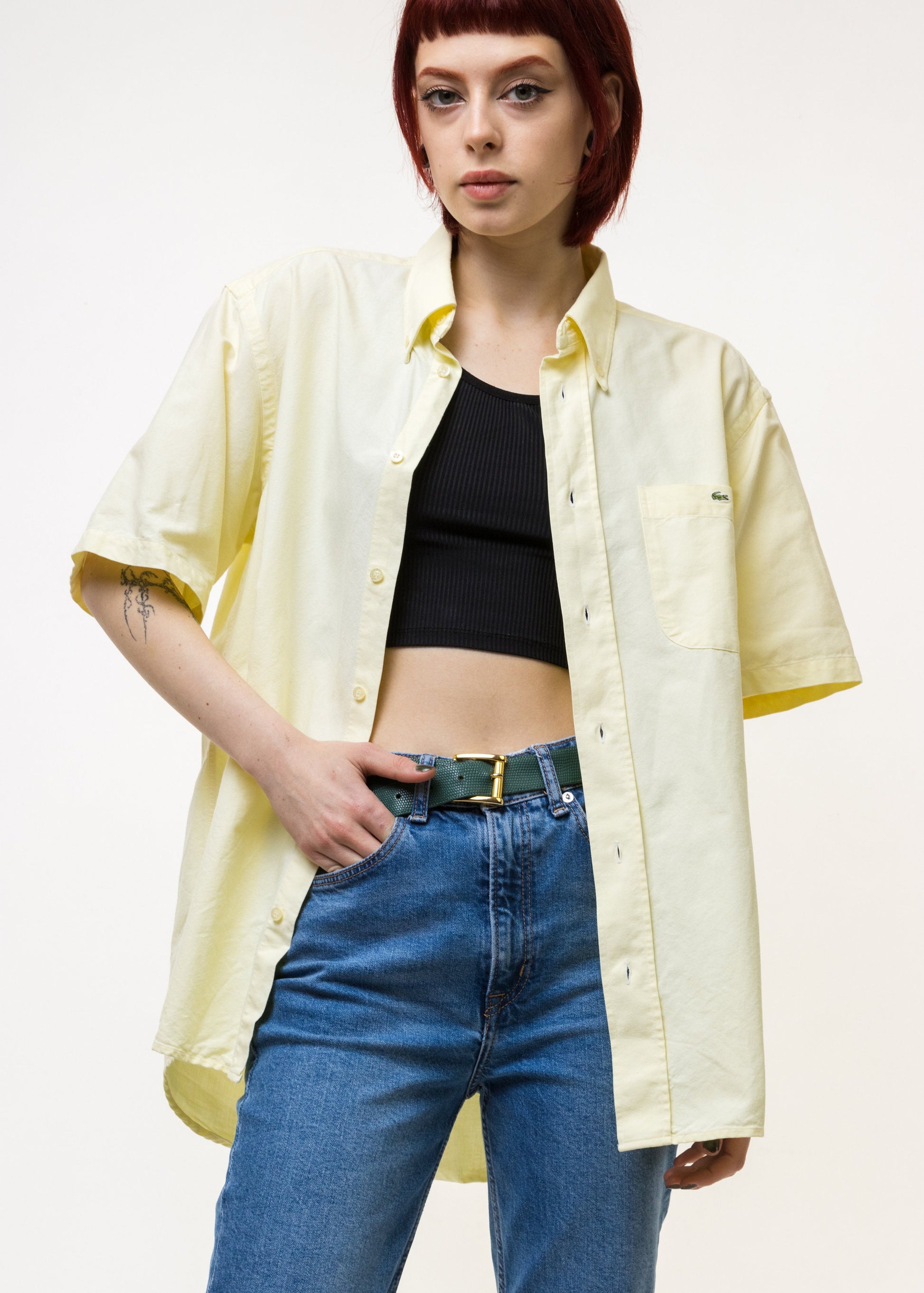 Lacoste Vintage 90s Short Sleeve Shirt - Size 40/ Vintage Woman Summer Lacoste Yellow Shirt Summer Regular Fit