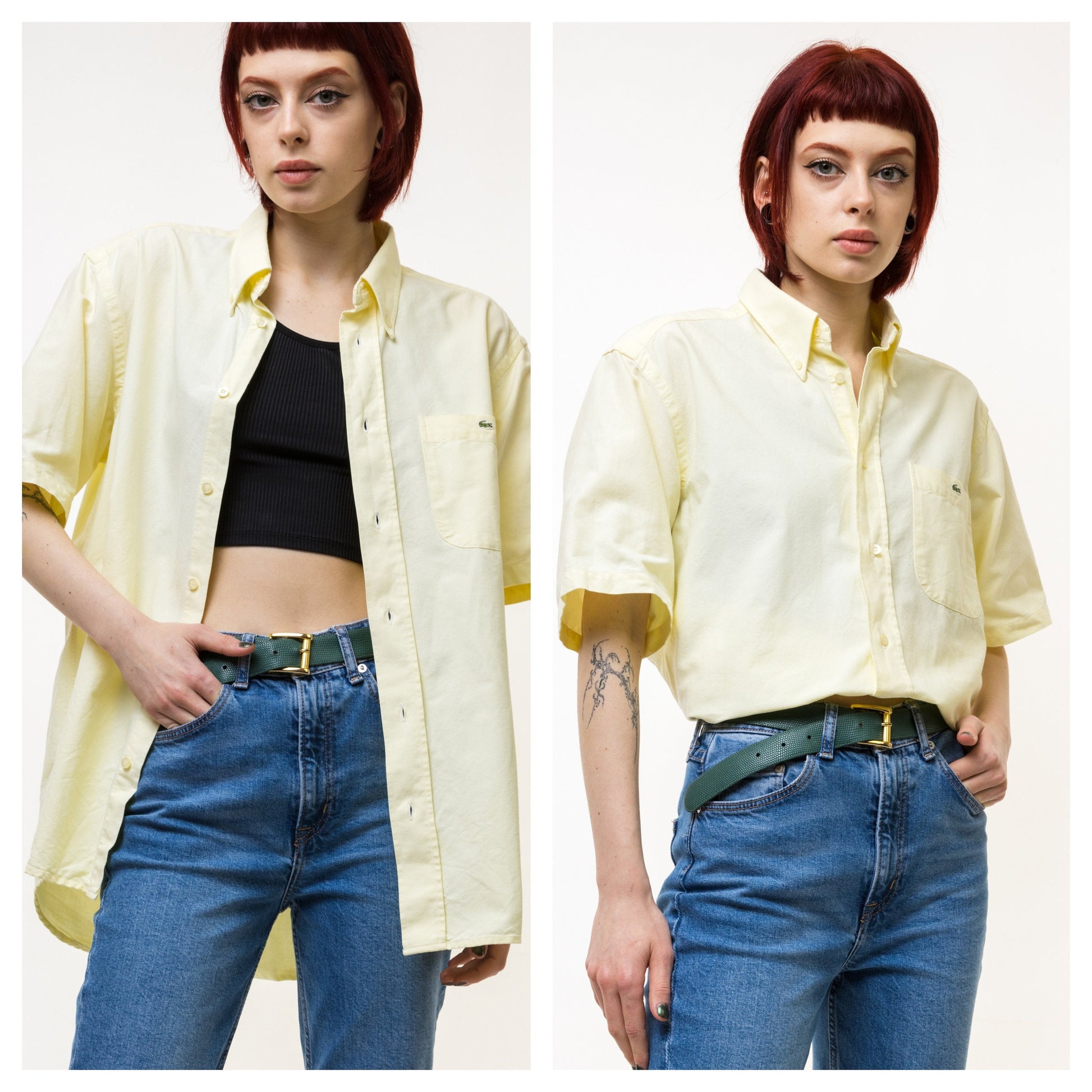 Lacoste Vintage 90s Short Sleeve Shirt - Size 40/ Vintage Woman Summer Lacoste Yellow Shirt Summer Regular Fit