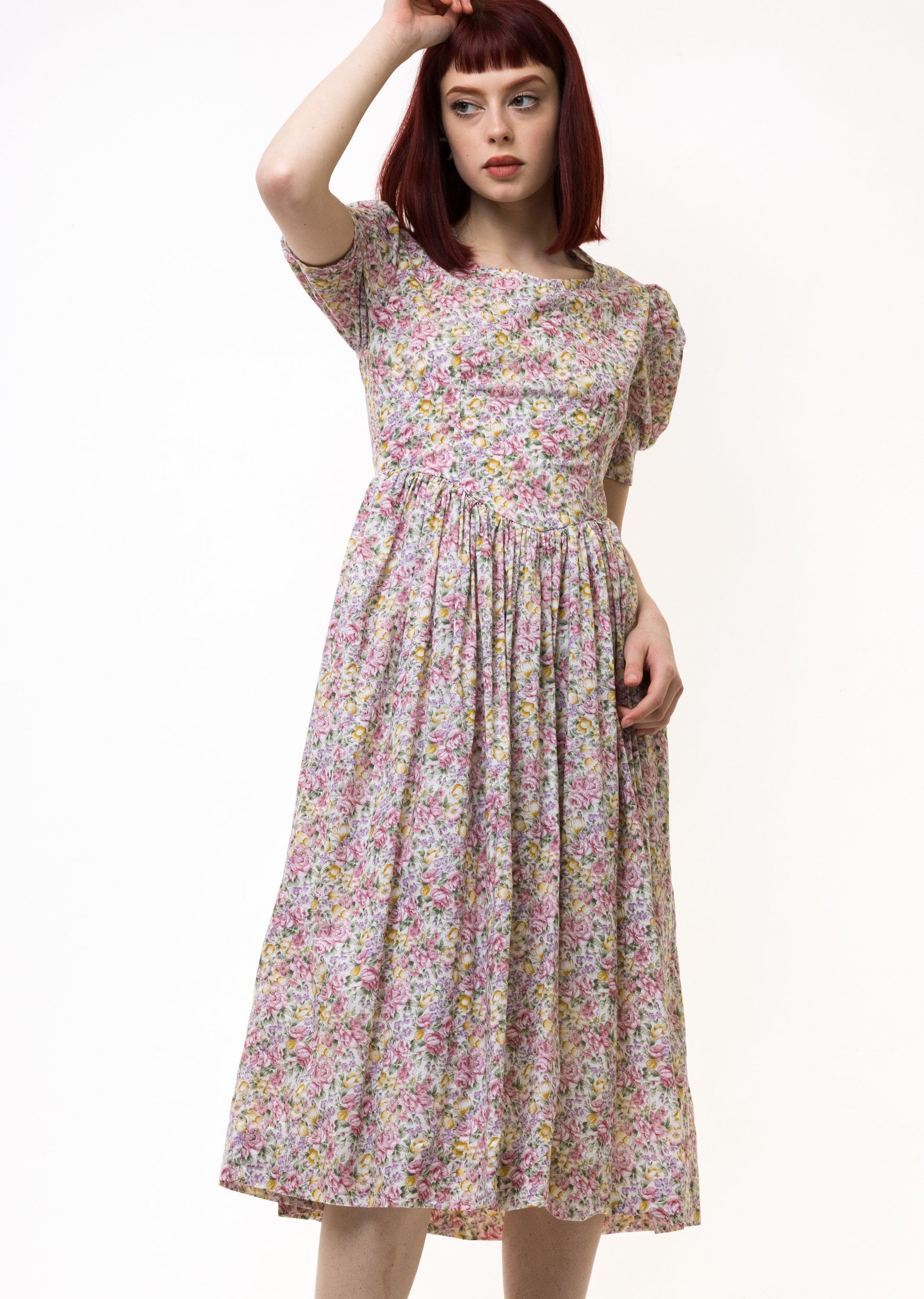 Floral Dress Full Length Pastel Floral Pattern/Laura Ashley Style Dress size XSmall Cottagecore Pastel Retro Boho Style Cotton Dress