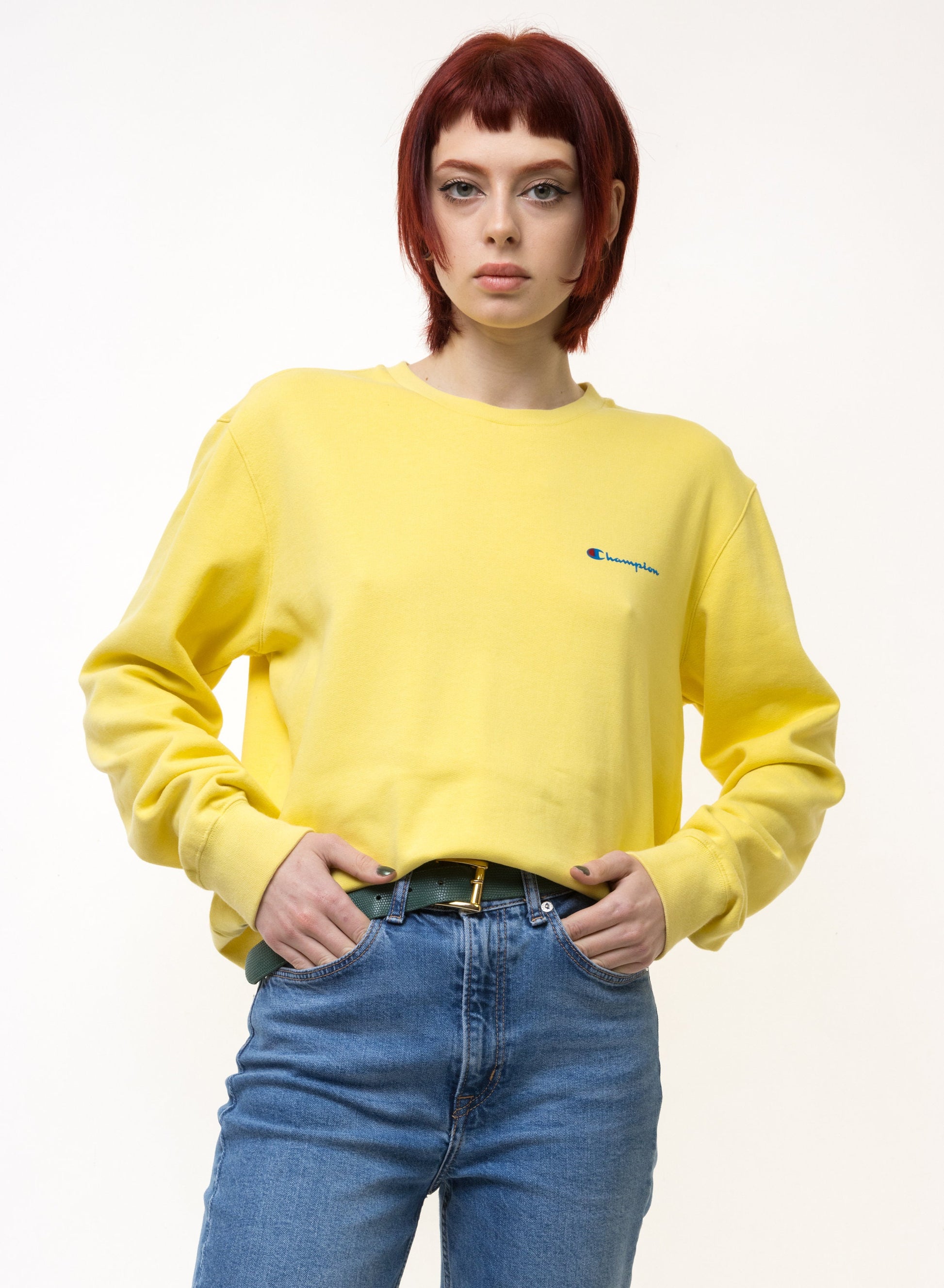 Vintage 90's Champion Small Logo Sweatshirt Plain Sportswear Jumper Cahmpion Pullover Crewneck Sweater Yellow Size Small