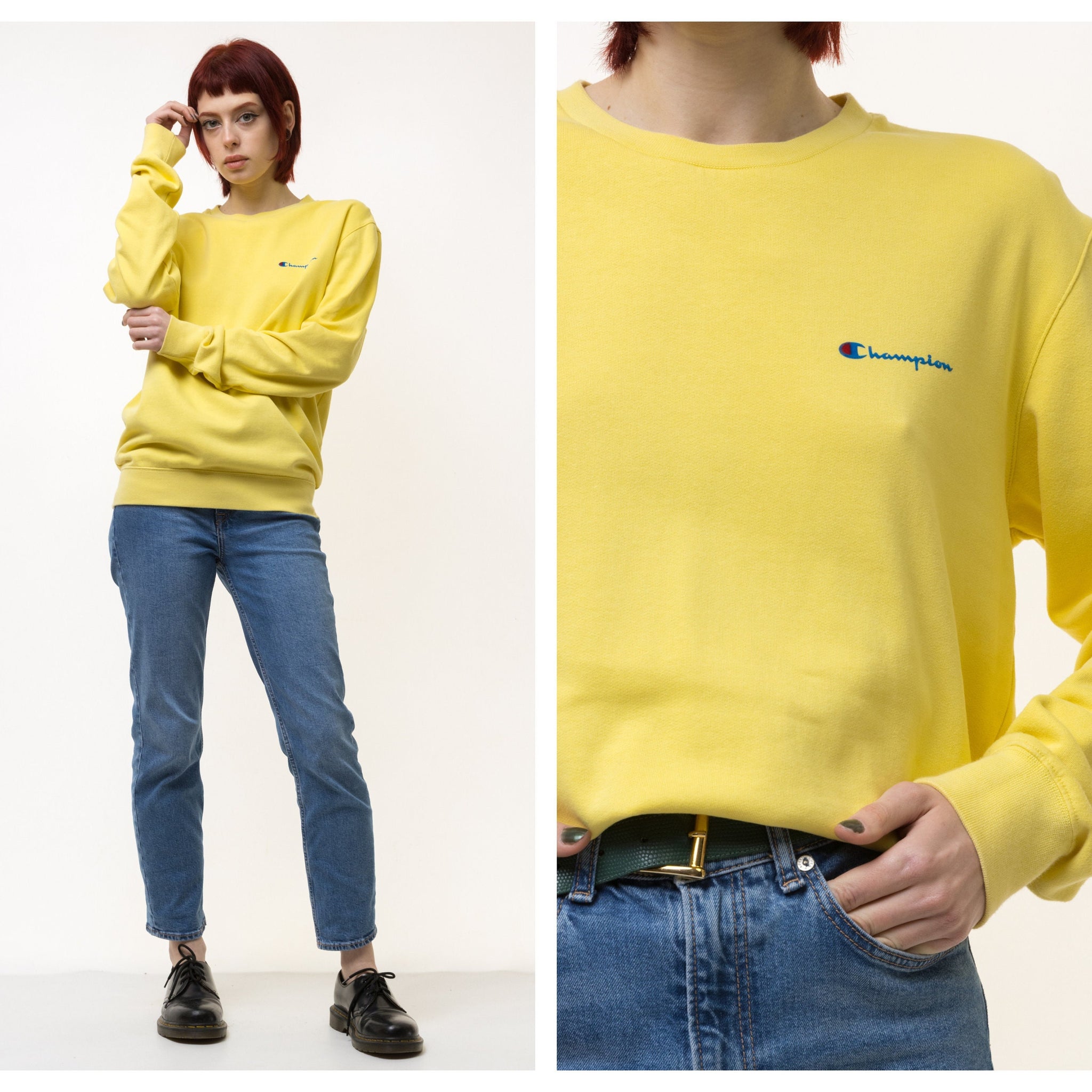 Vintage 90's Champion Small Logo Sweatshirt Plain Sportswear Jumper Cahmpion Pullover Crewneck Sweater Yellow Size Small