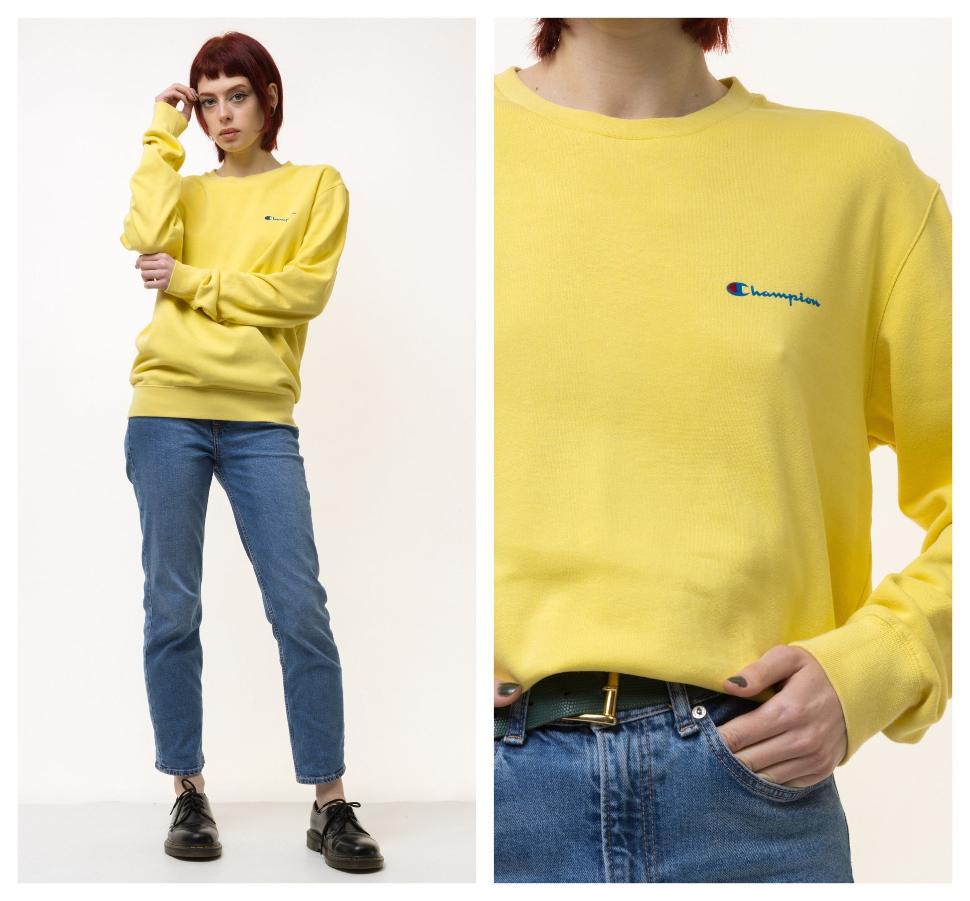 Vintage 90's Champion Small Logo Sweatshirt Plain Sportswear Jumper Cahmpion Pullover Crewneck Sweater Yellow Size Small