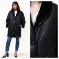 80s Vintage Leather Black Leather Shearling Fastens Coat size Medium / Vintage Leather Shearling Coat / Vintage Woman Winter Leather Coat