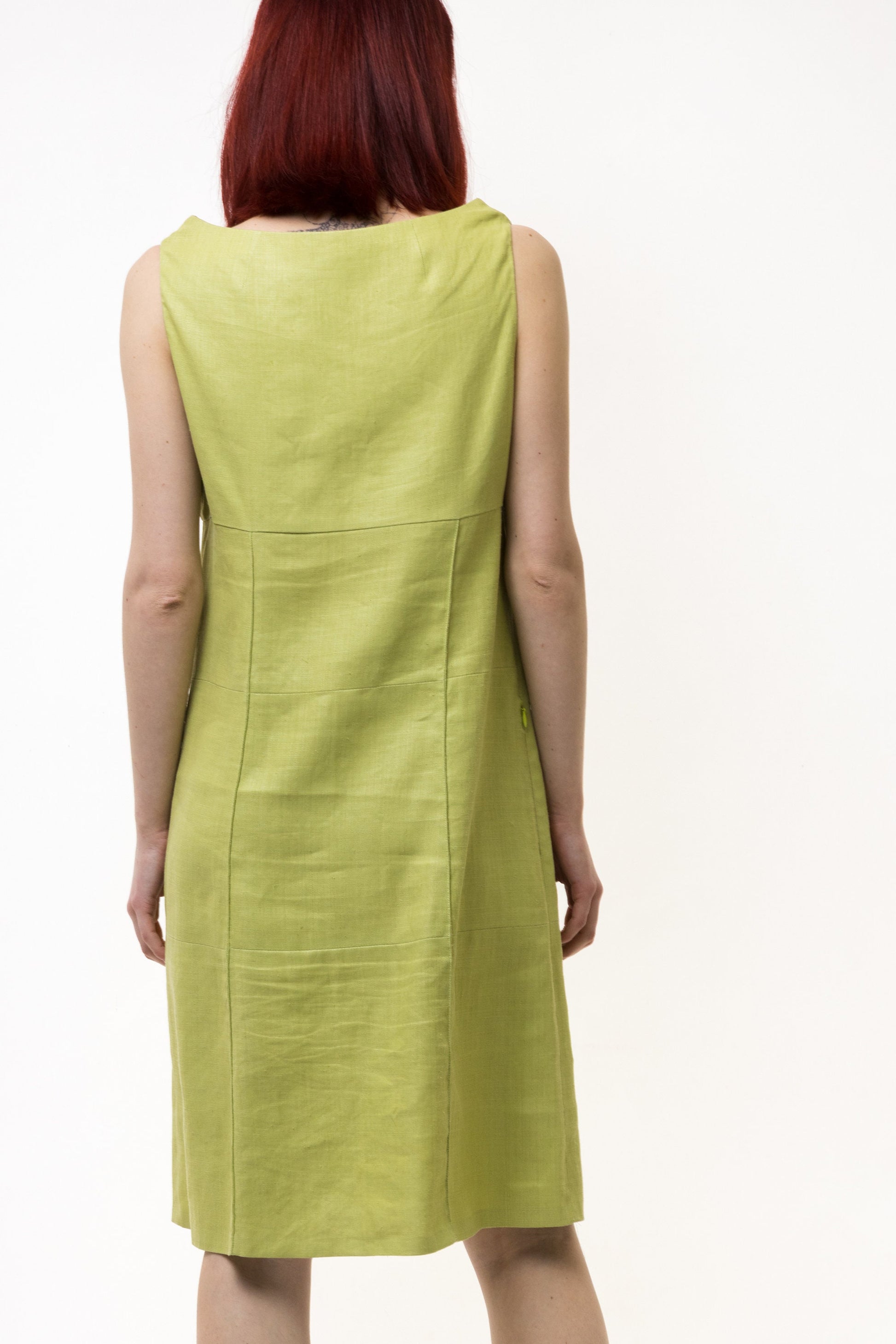 True Vintage 1990s Linen Midi Green Dress by Kenzo Casual Streetwear Backless Summer Minimalist size S/M