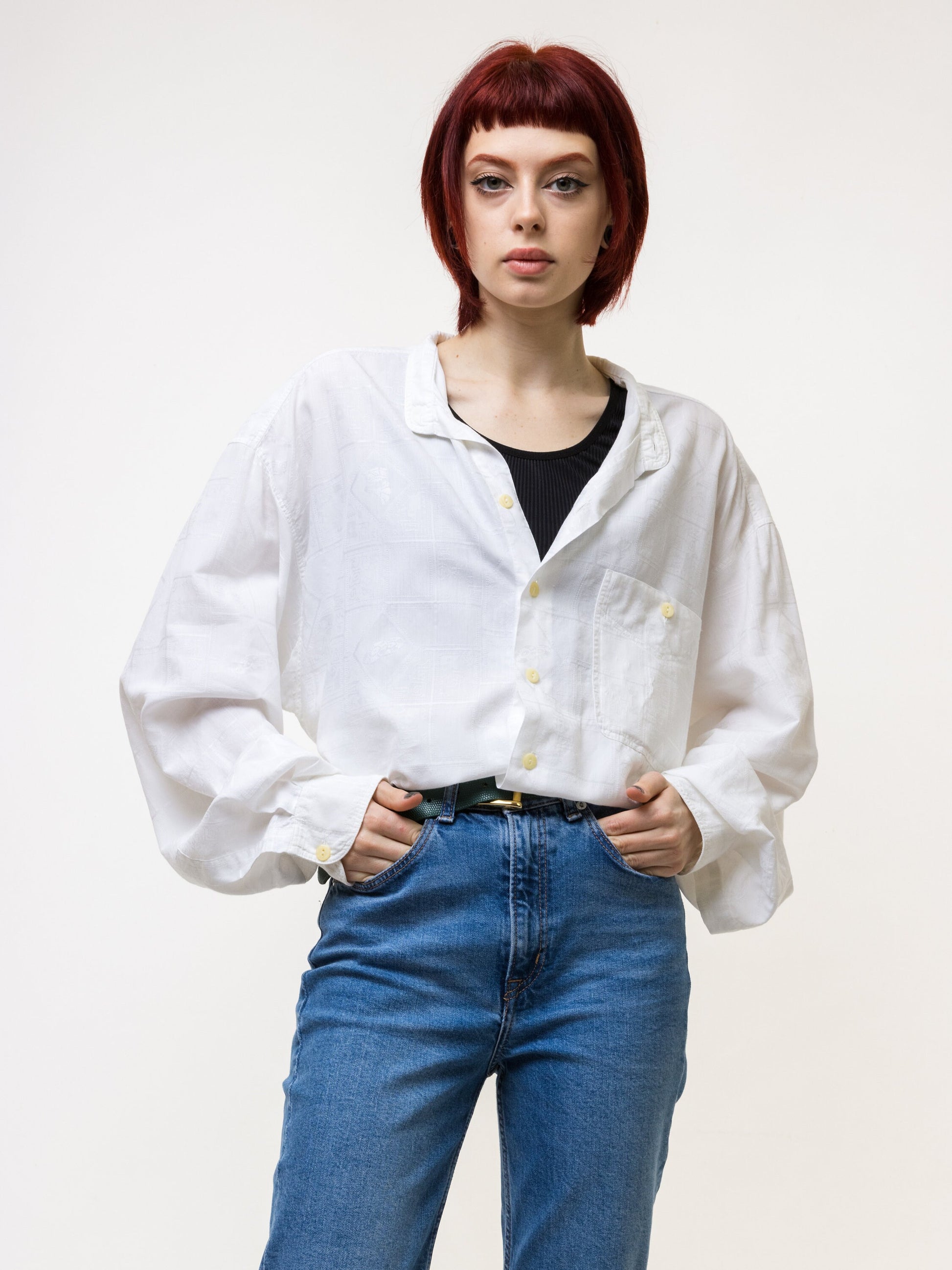 80s Vintage Woman Summer Oversize Relaxed Fit Long SLeeve Festival Shirt White Blouse with Long Sleeve One Size