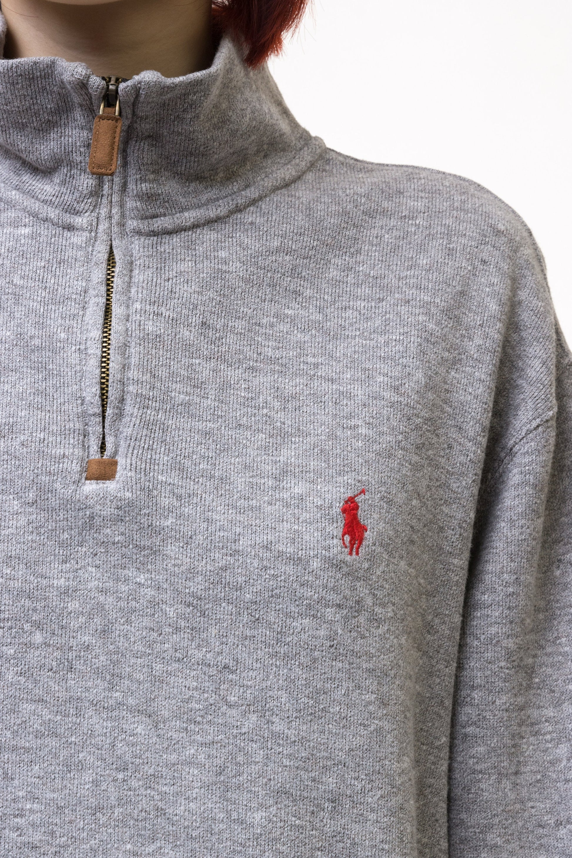 Vintage Polo Ralph Lauren Gray Cotton Oversized Ribbed Henley Quarter Zip Pullover with Red Polo Pony Logo Large