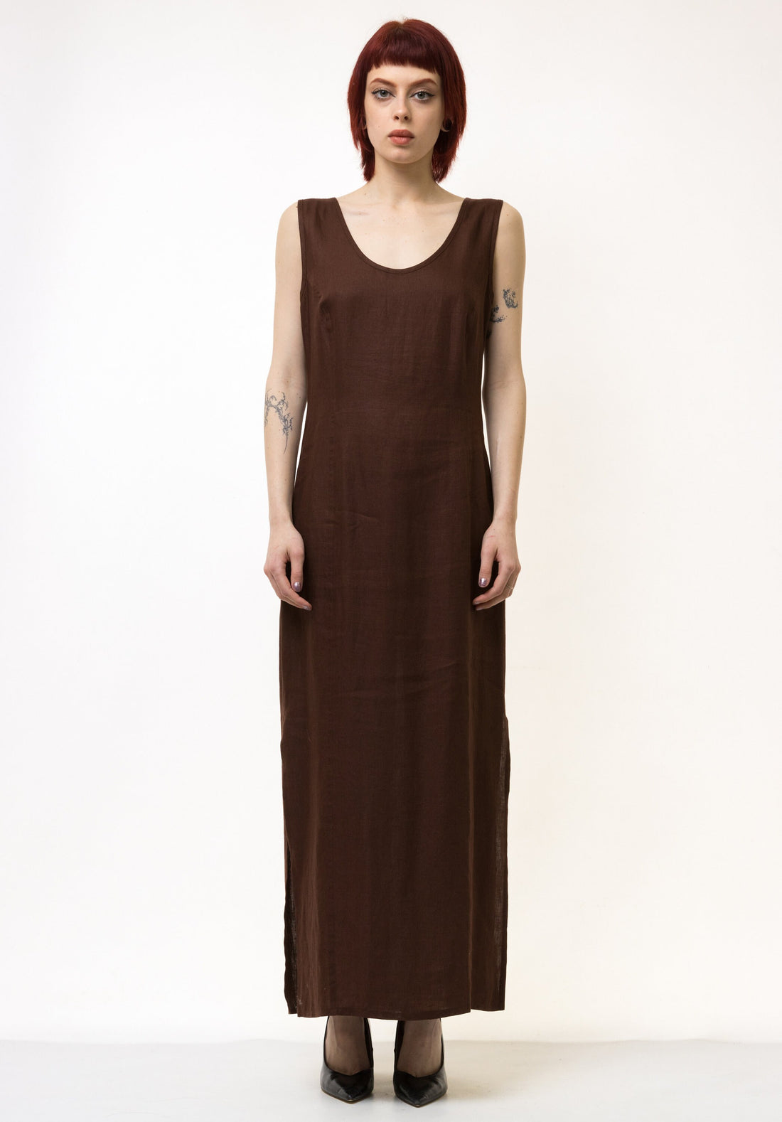 Vintage 70s linen maxi dress | 1970s crew neck short sleeves linen maxi dress vintage market dress tan brown minimalist dress