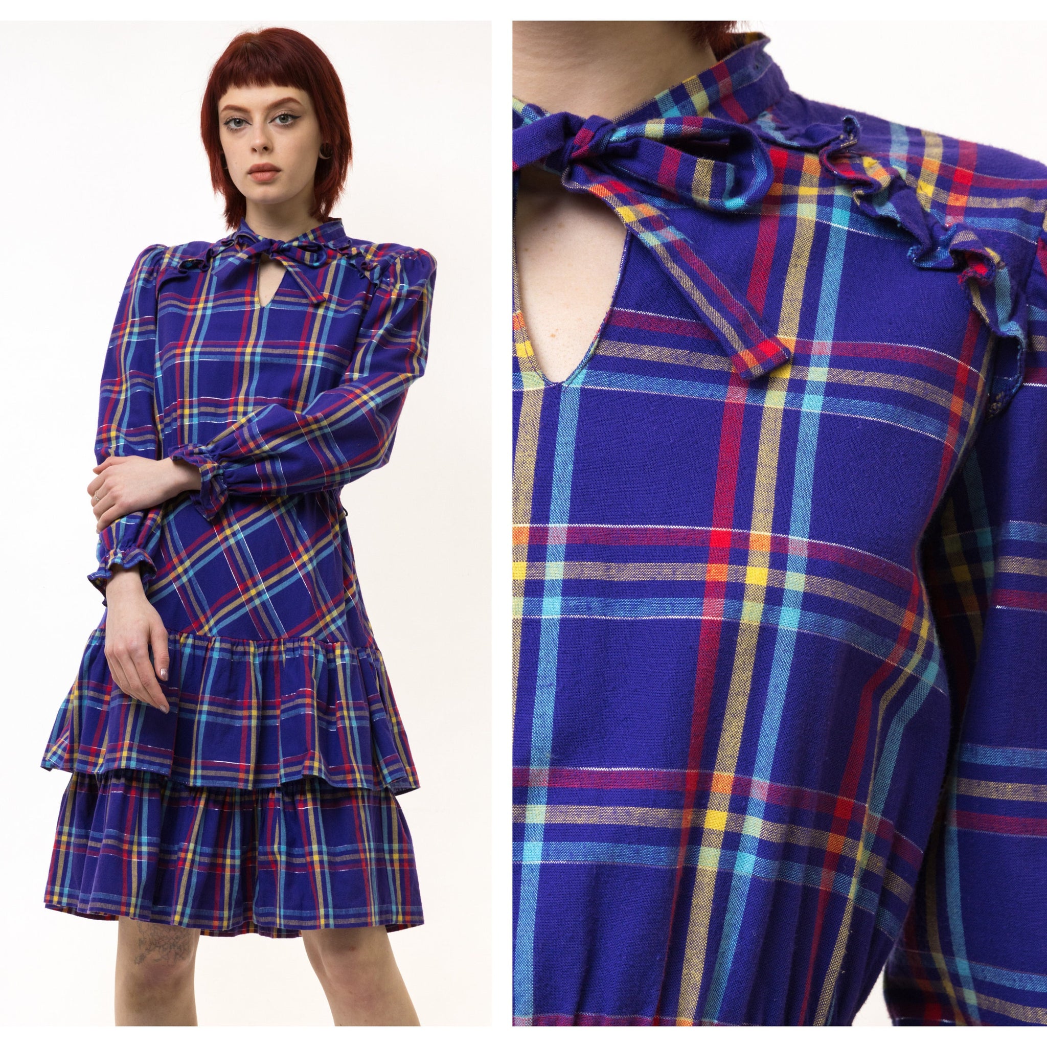 70s Vintage England Made Checked Mini Blue Dress size Small/ Vintage 1970 Woman Babydoll Blue Dress with Puff Sleeve Knee Length