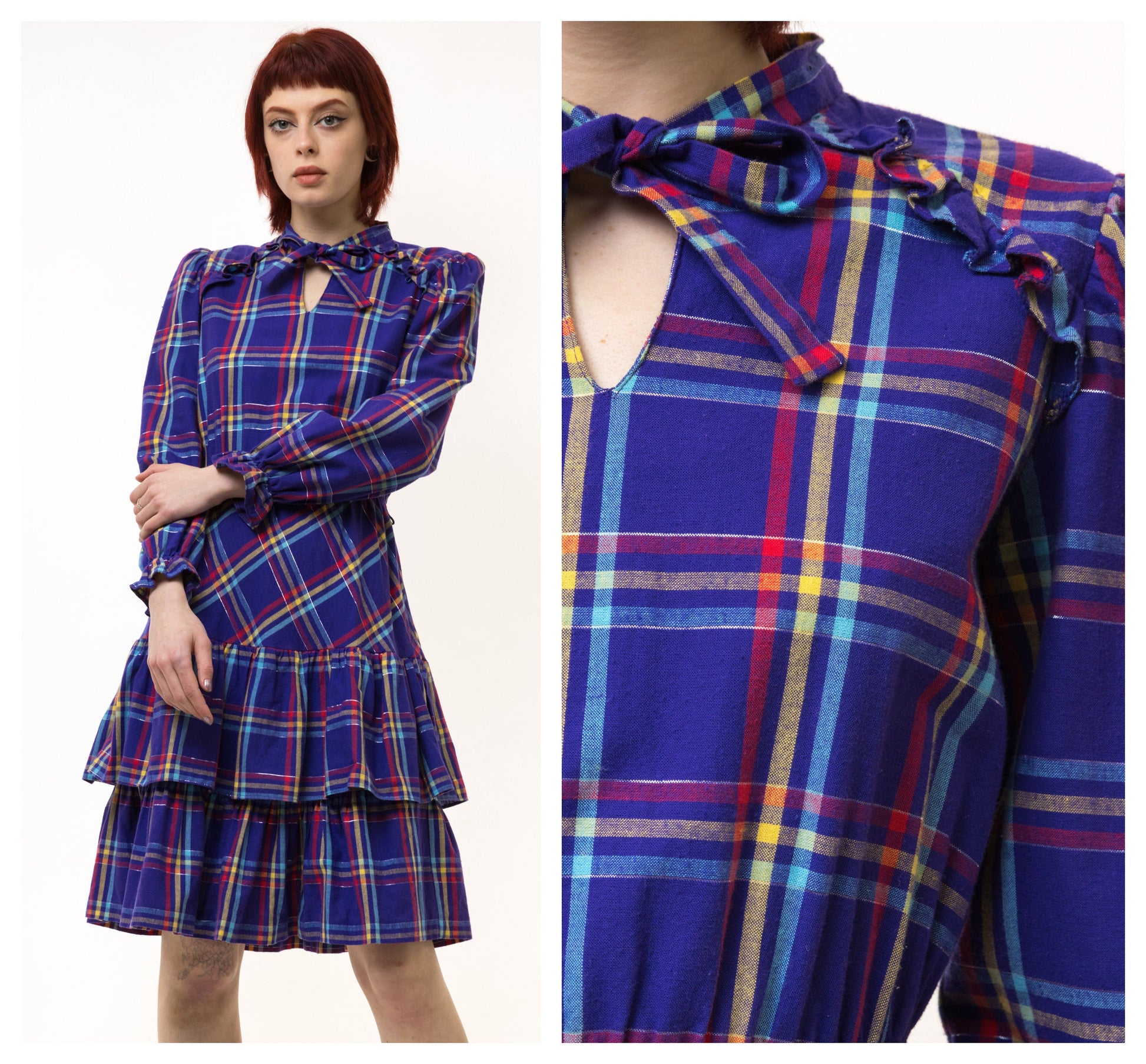 70s Vintage England Made Checked Mini Blue Dress size Small/ Vintage 1970 Woman Babydoll Blue Dress with Puff Sleeve Knee Length