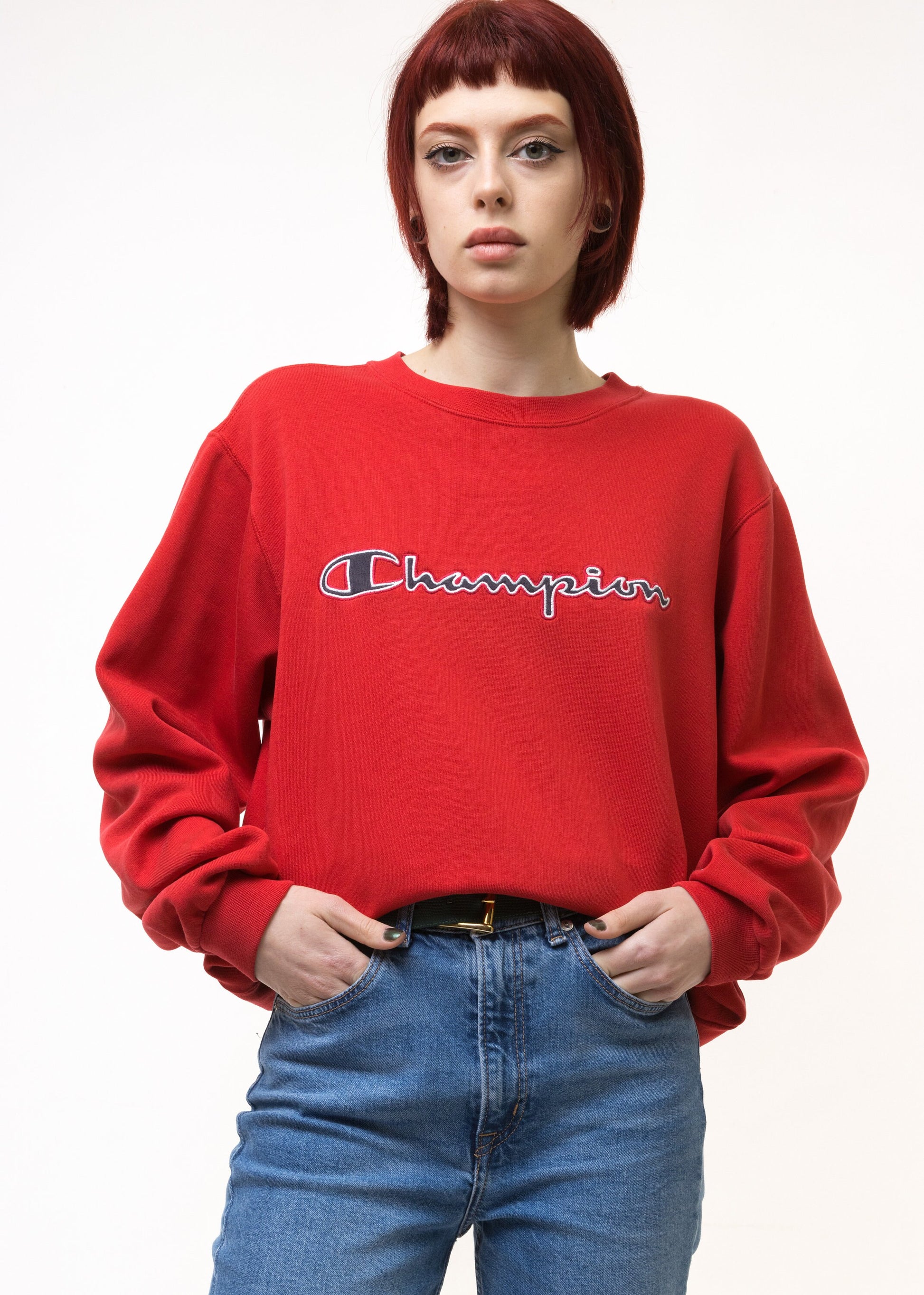 Vintage 90's Champion Big Logo Sweatshirt Plain Sportswear Jumper Cahmpion Pullover Crewneck Sweater Red Size Large