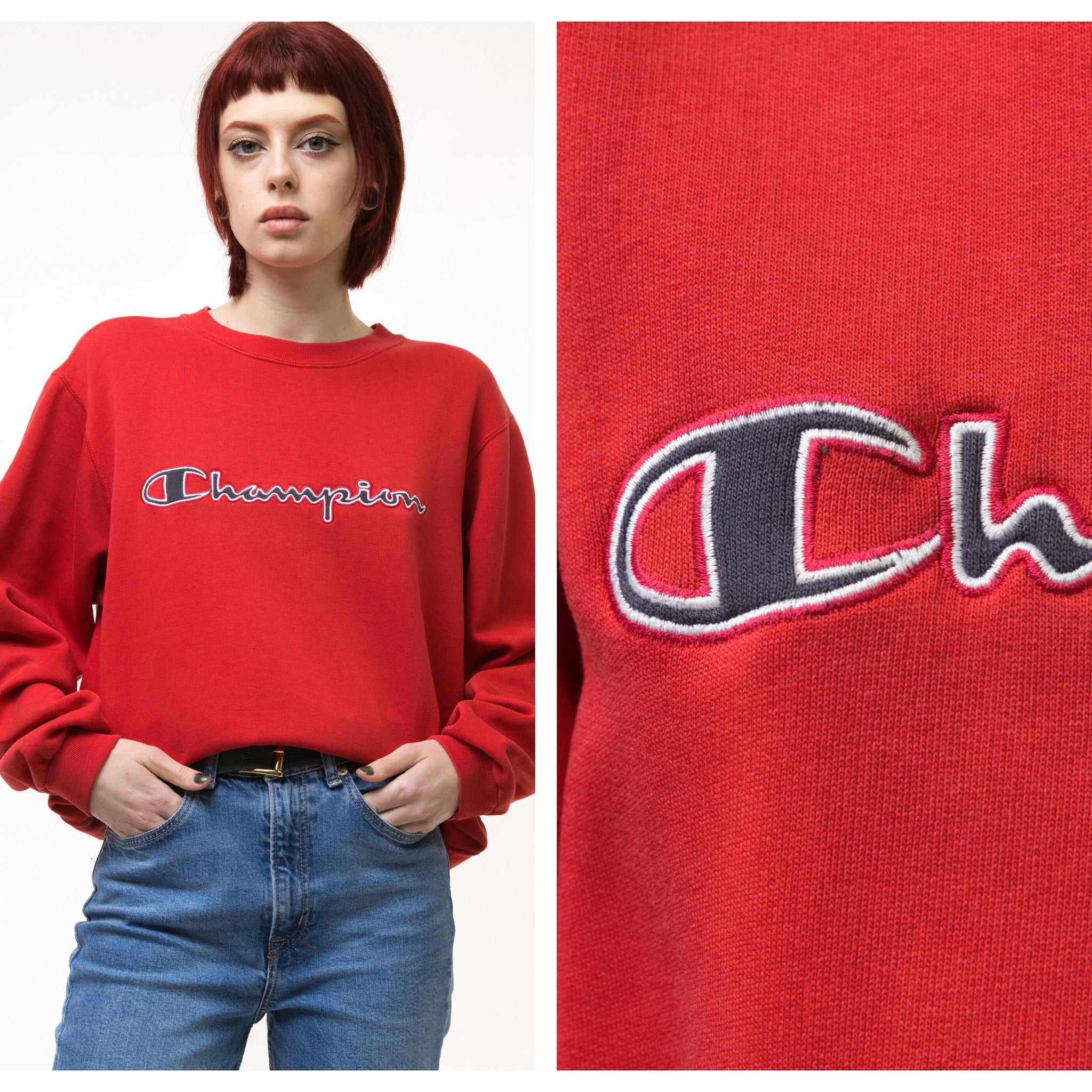 Vintage 90's Champion Big Logo Sweatshirt Plain Sportswear Jumper Cahmpion Pullover Crewneck Sweater Red Size Large