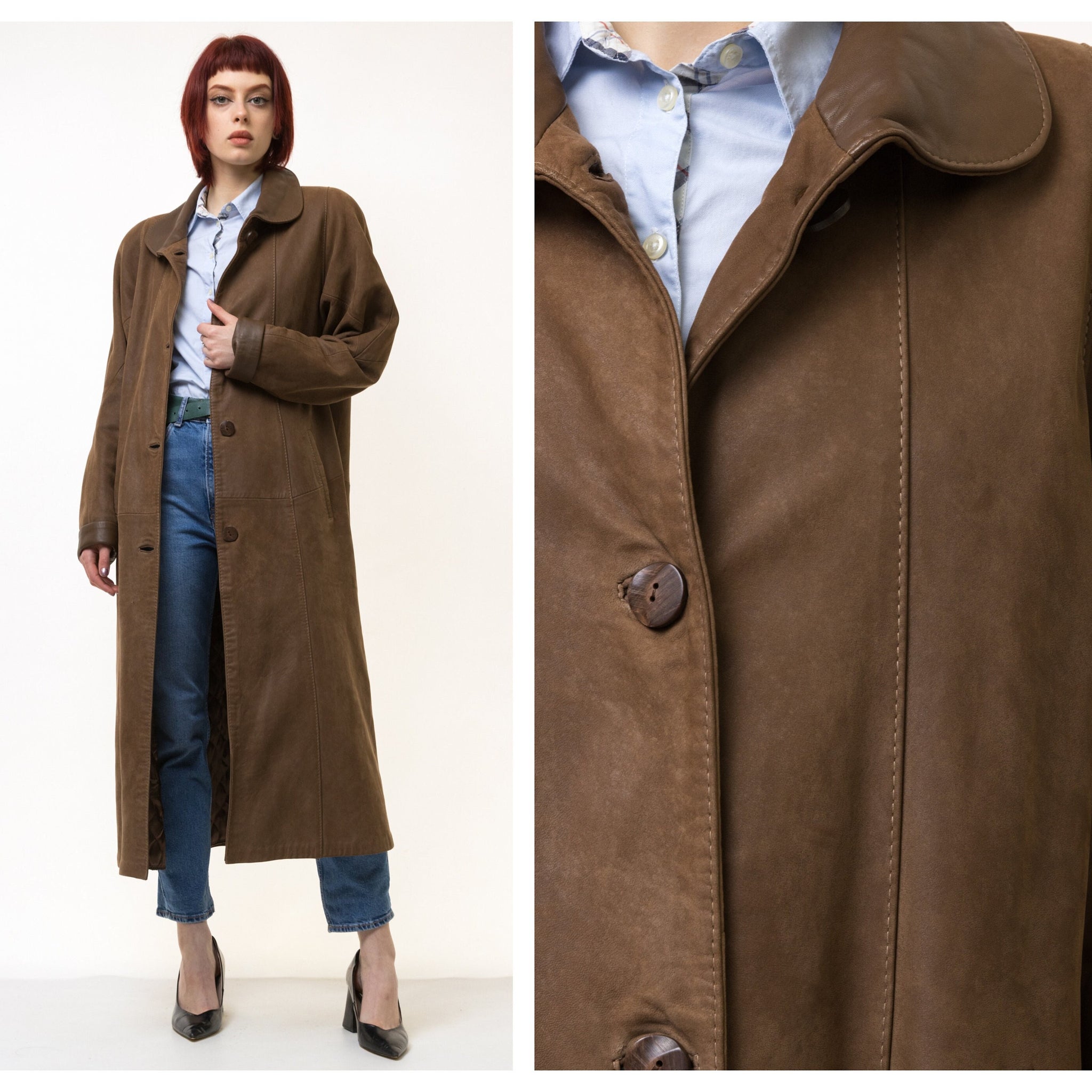 Brown Leather Coat Women Vintage 80s Maxi Length Leather Coat Casual 80s Style Coat Women Vintage Clothing Minimalist Coat size Medium