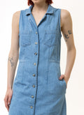 Vintage Blue Denim Casual Maxi Dress Button Front Short Sleeves Pockets size Small