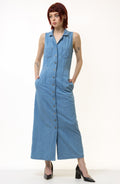 Vintage Blue Denim Casual Maxi Dress Button Front Short Sleeves Pockets size Small