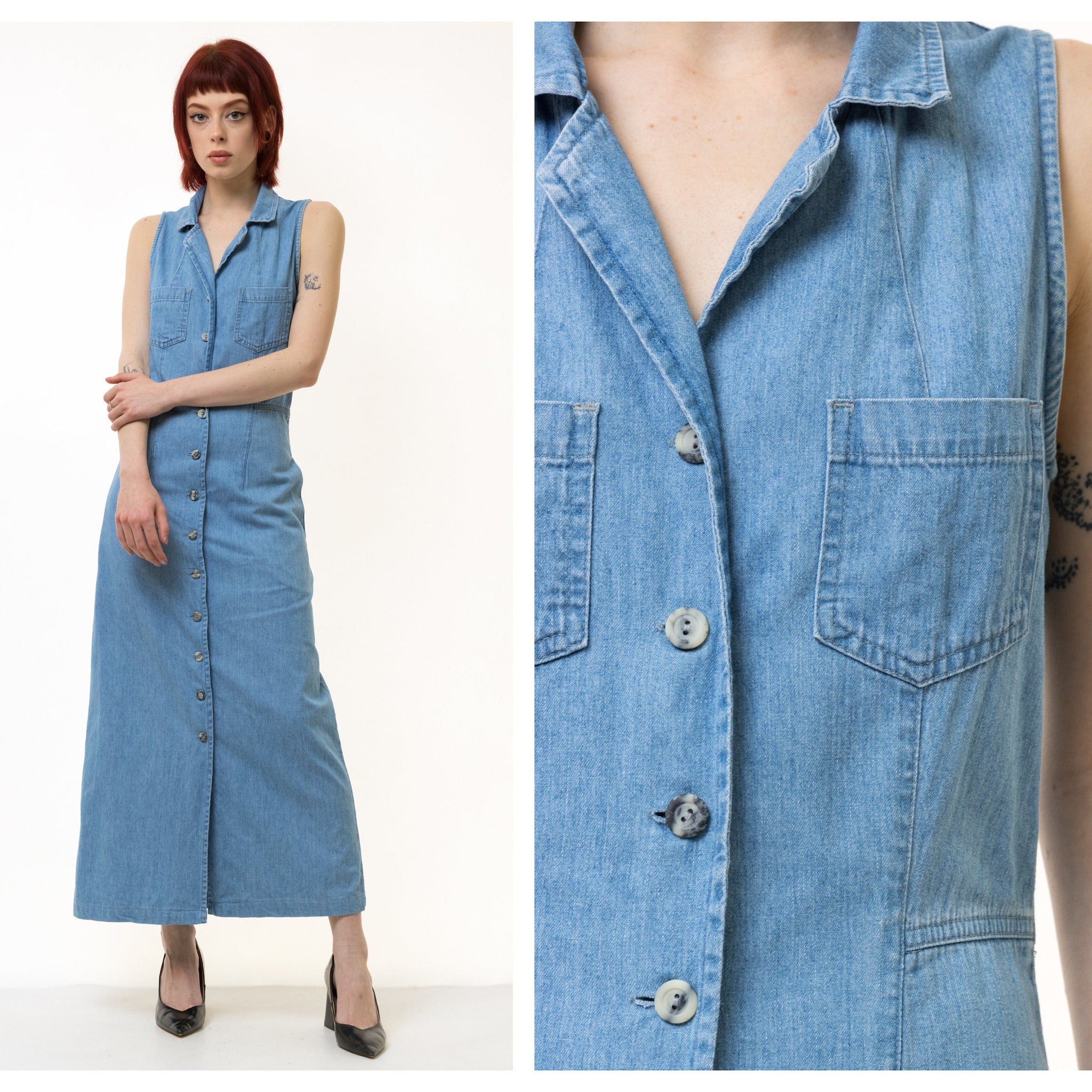 Vintage Blue Denim Casual Maxi Dress Button Front Short Sleeves Pockets size Small