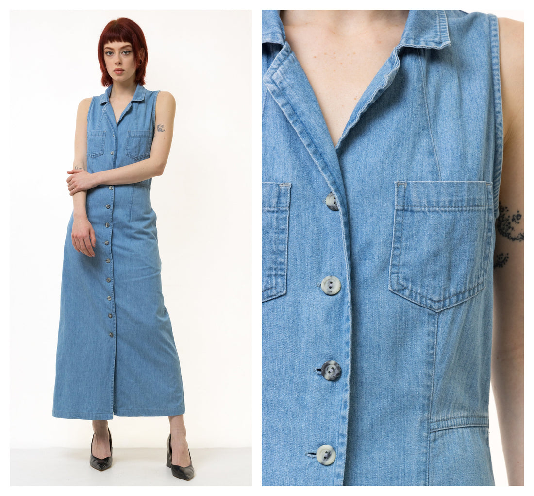 Vintage Blue Denim Casual Maxi Dress Button Front Short Sleeves Pockets size Small