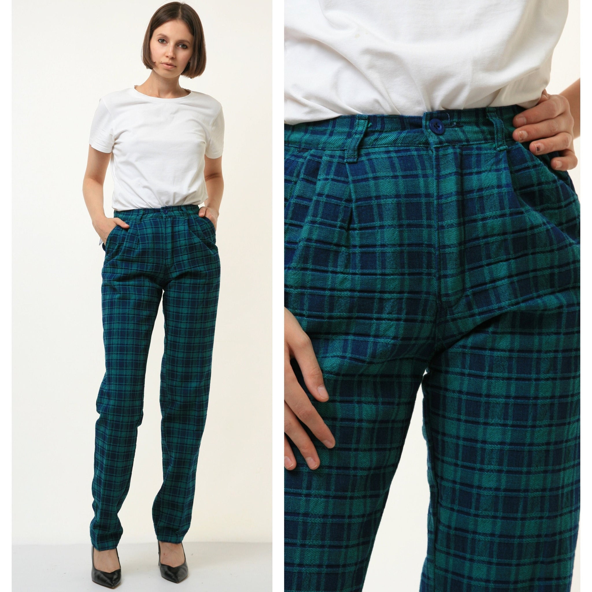 80s Vintage Blue Green DEADSTOCK High Waisted Woman Fall Cotton High Waisted Moms Trousers 4378 Size XS Small