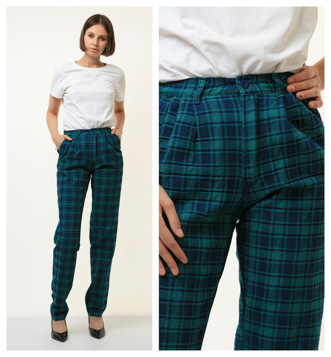 80s Vintage Blue Green DEADSTOCK High Waisted Woman Fall Cotton High Waisted Moms Trousers 4378 Size XS Small