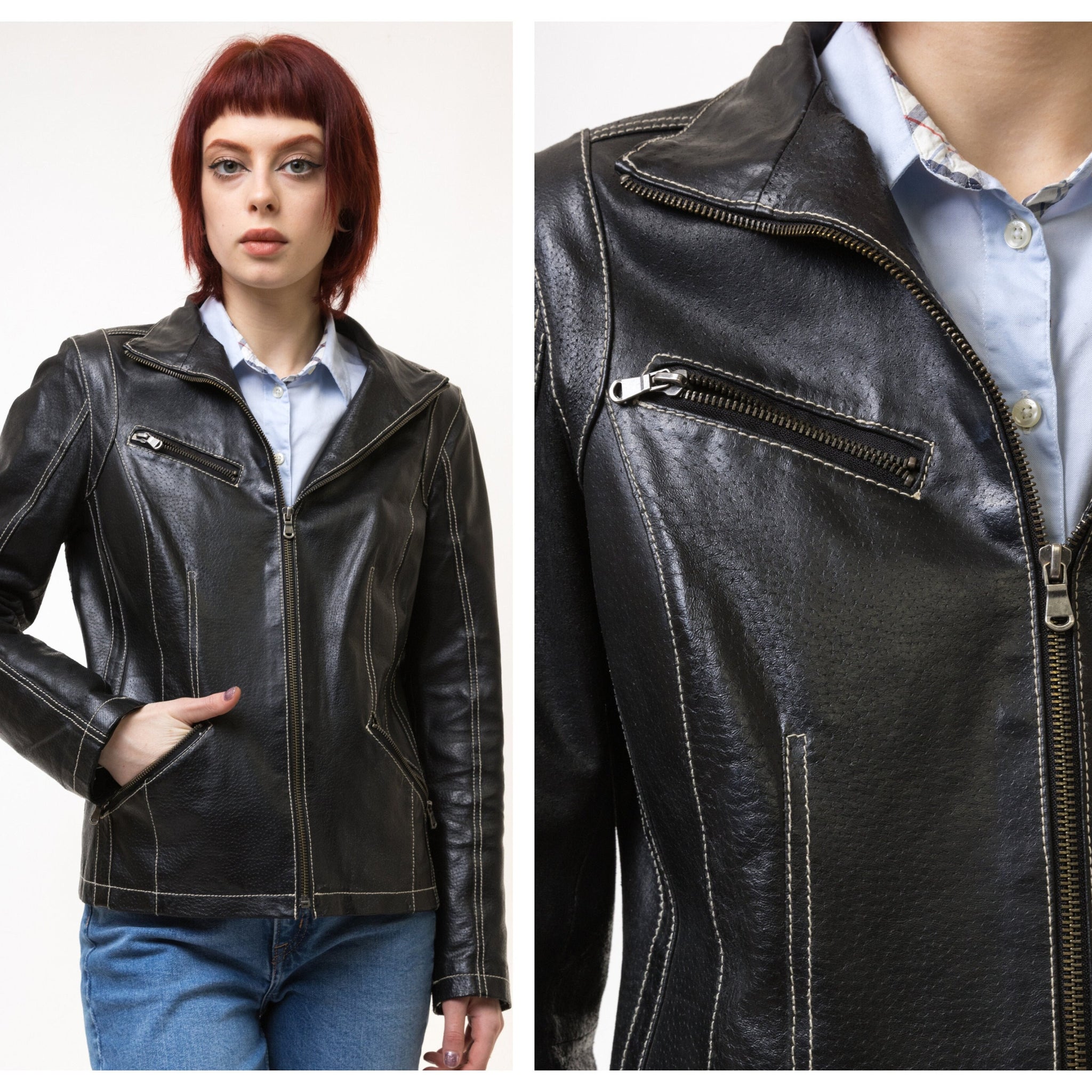 Black Leather Jacket women vintage 90s blazer jacket leather minimalist jacket grunge jacket casual wear women clothing size small S