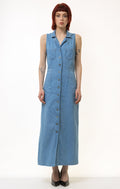 Vintage Blue Denim Casual Maxi Dress Button Front Short Sleeves Pockets size Small