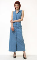 Vintage Blue Denim Casual Maxi Dress Button Front Short Sleeves Pockets size Small