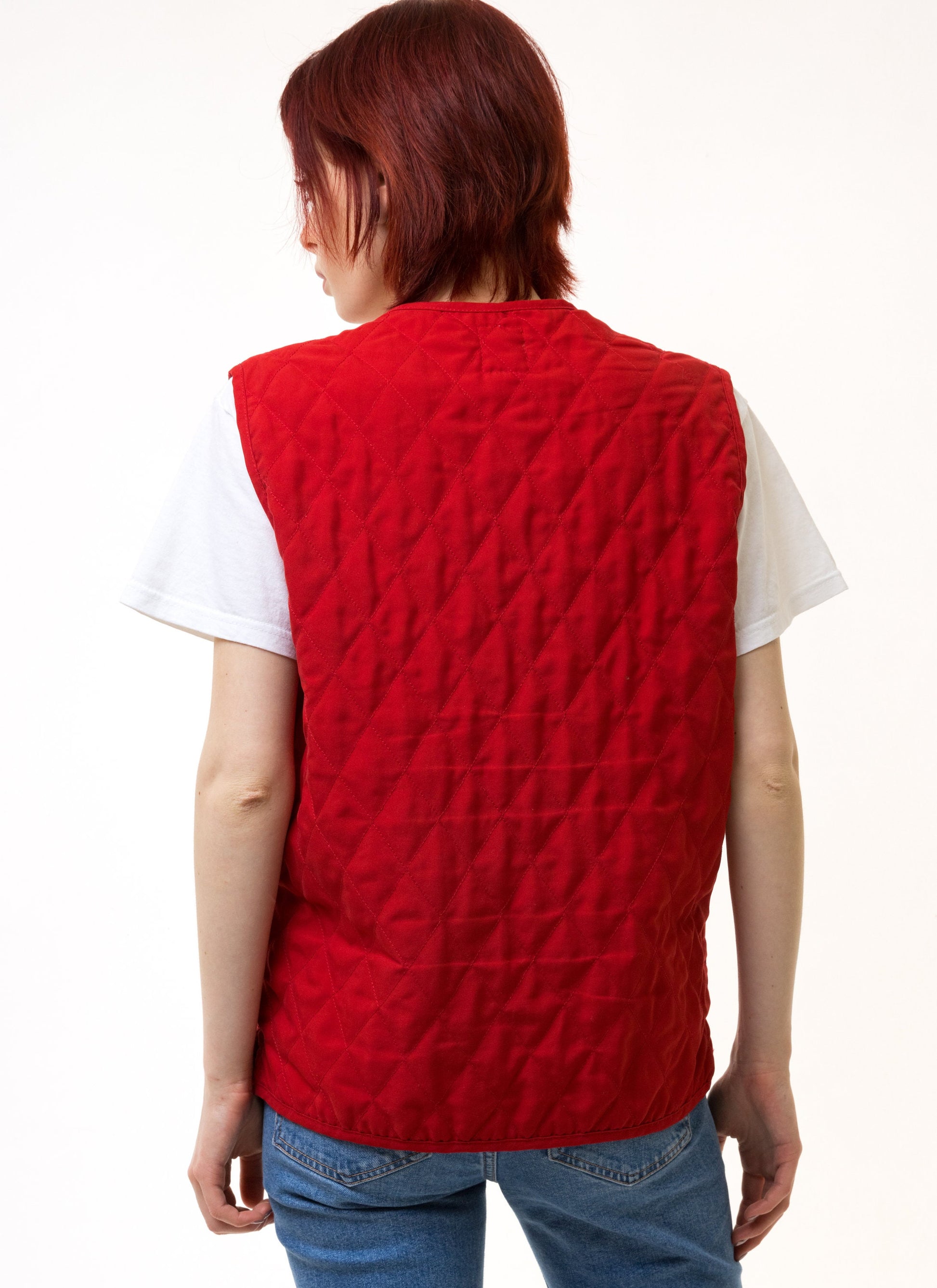 80s Vintage Quilted Red Vintage Waistcoat / Quilted Vintage Woman Vest / Retro Woman Red Buttons Vest