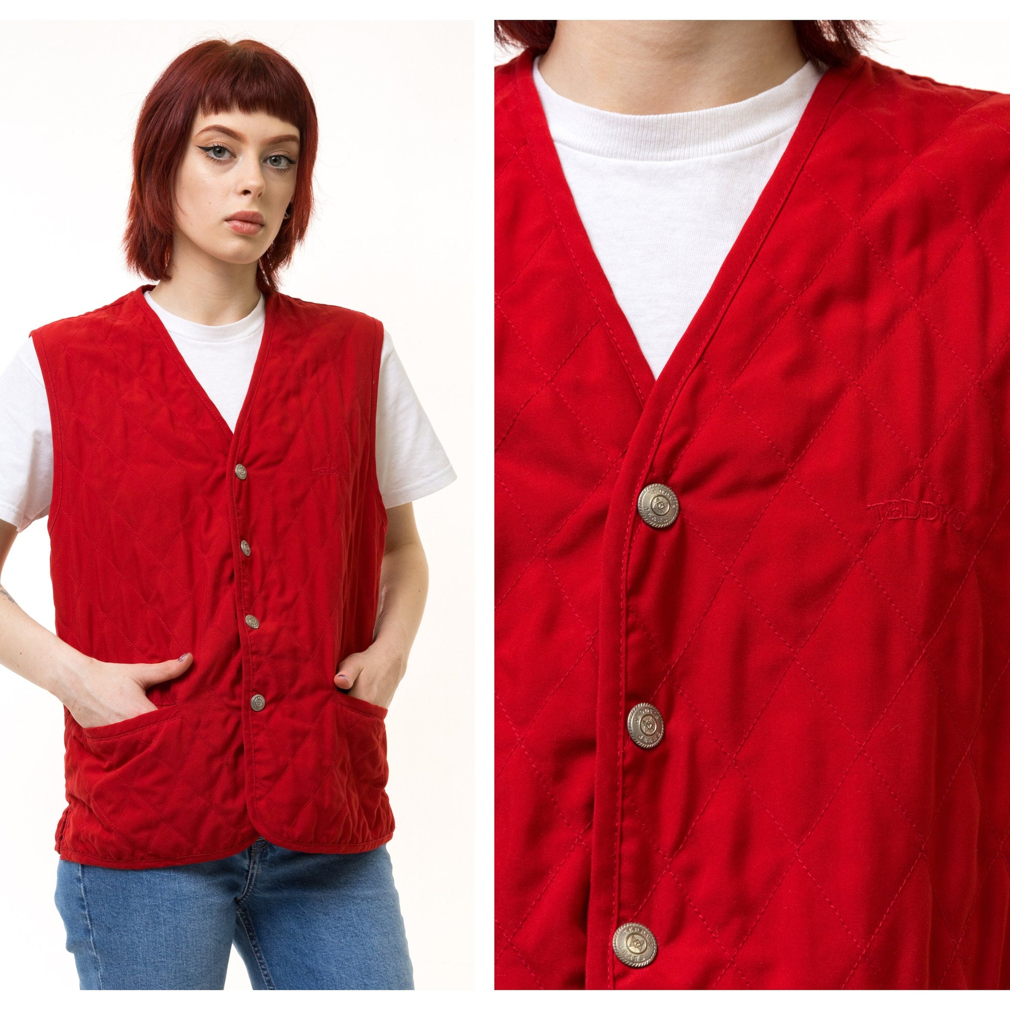 80s Vintage Quilted Red Vintage Waistcoat / Quilted Vintage Woman Vest / Retro Woman Red Buttons Vest