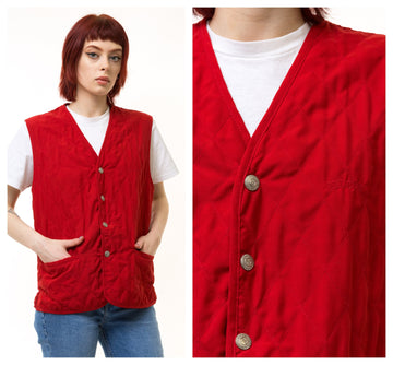 80s Vintage Quilted Red Vintage Waistcoat / Quilted Vintage Woman Vest / Retro Woman Red Buttons Vest