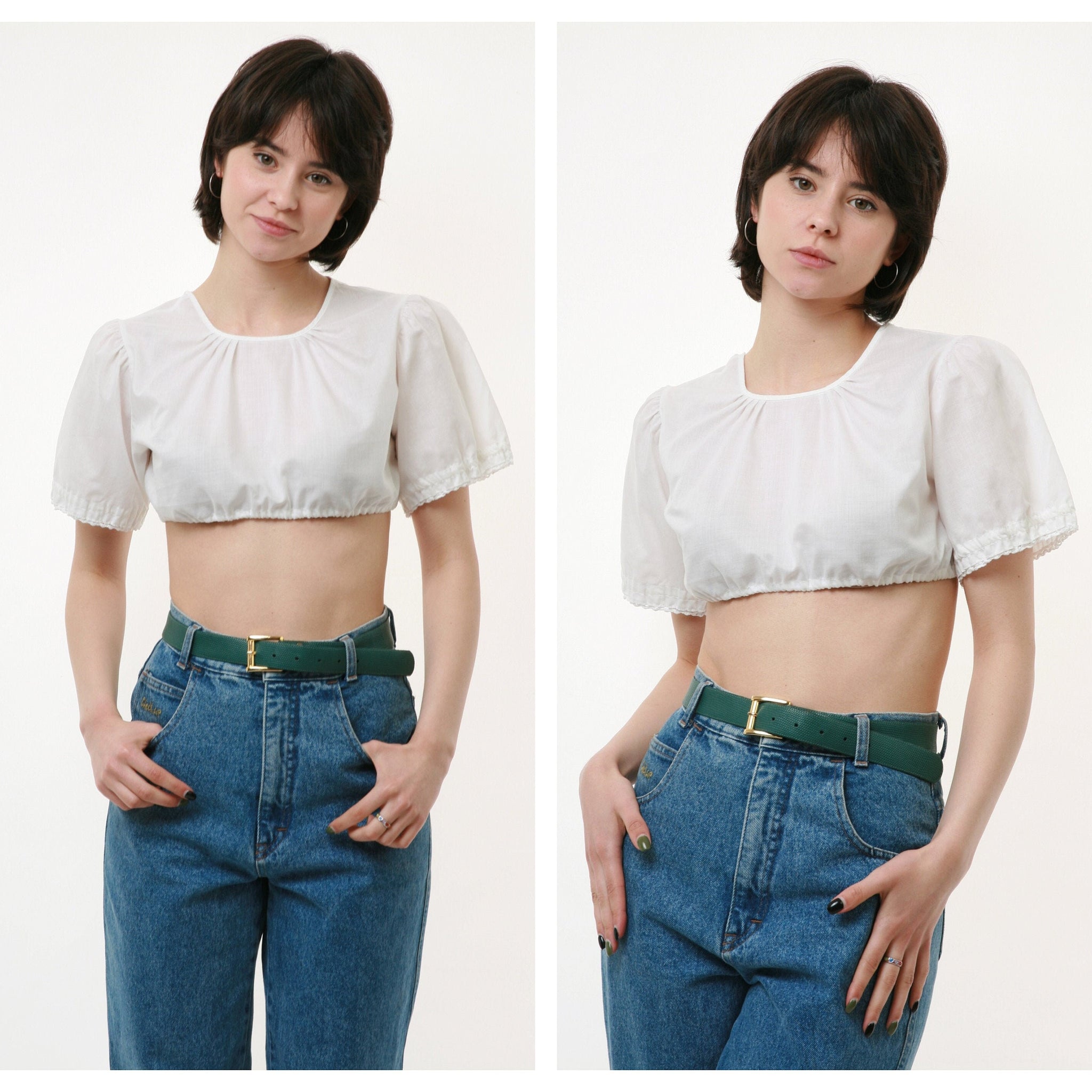 70s Vintage Austrian Traditional Bavarian White Buttons Short Sleeve Crop Top Short Blouse Shirt 2737 Girlfriend Gift Present