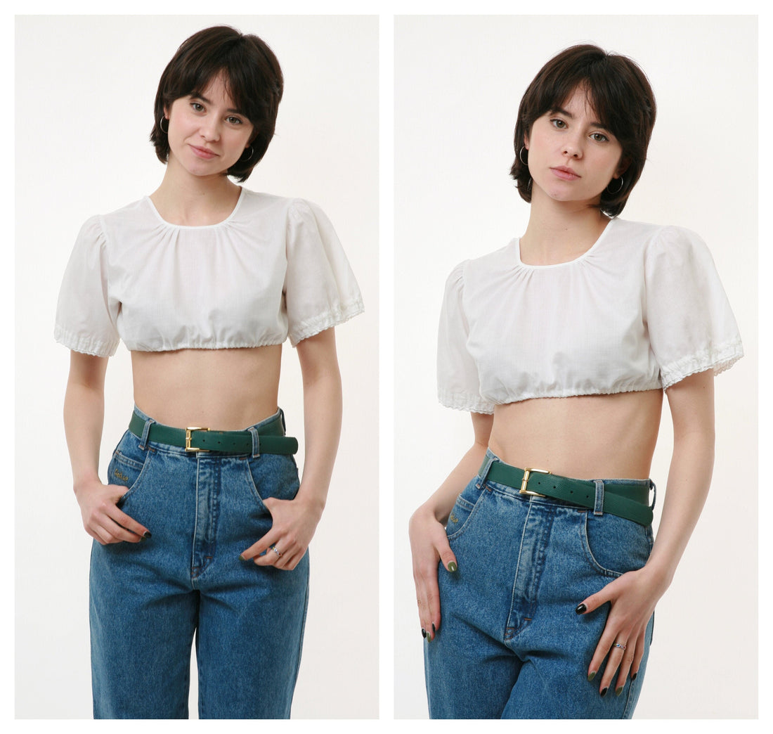 70s Vintage Austrian Traditional Bavarian White Buttons Short Sleeve Crop Top Short Blouse Shirt 2737 Girlfriend Gift Present