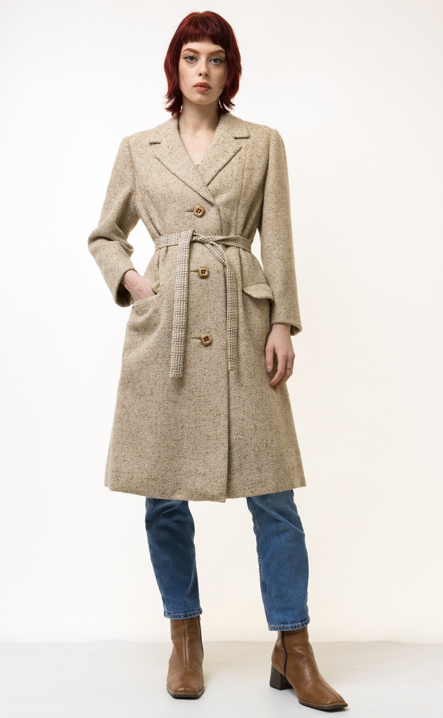 Vintage Tweed Coat Women, Beige Wool Coat, Winter Coat, Wool overcoat, winter jacket, Greatcoat, Long Coat, Maxi coat vintage Size Small S