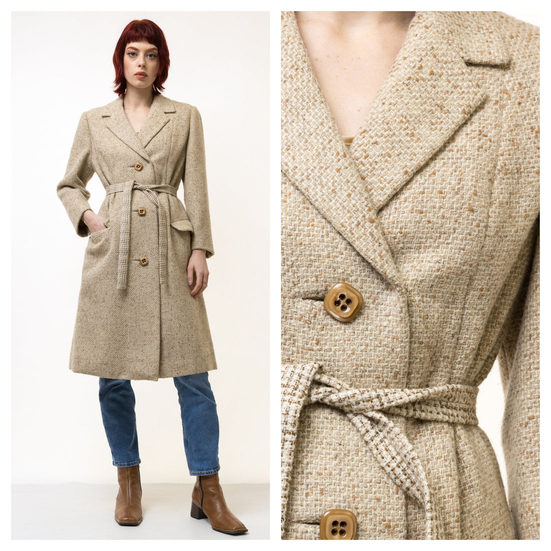 Vintage Tweed Coat Women, Beige Wool Coat, Winter Coat, Wool overcoat, winter jacket, Greatcoat, Long Coat, Maxi coat vintage Size Small S