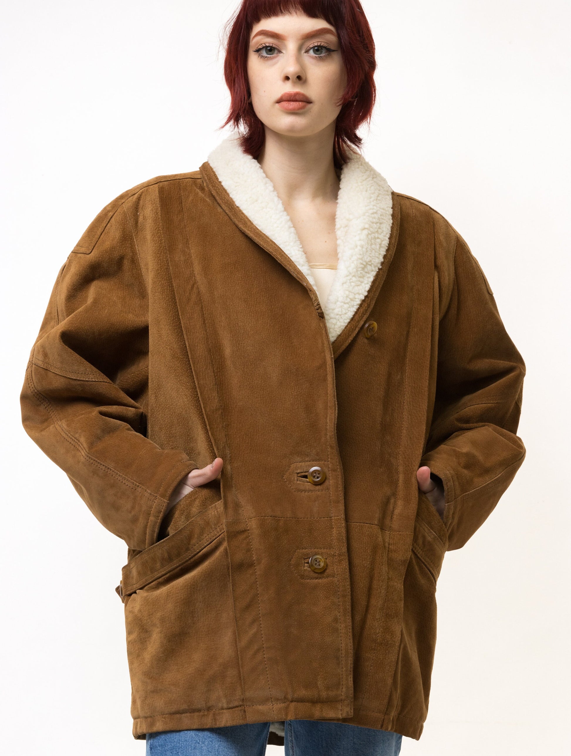 80s Vintage Suede Sheepskin Leather Shearling Fastens Coat size Medium/ Vintage Leather Winter Coat/ Vintage Woman Winter Suede Coat