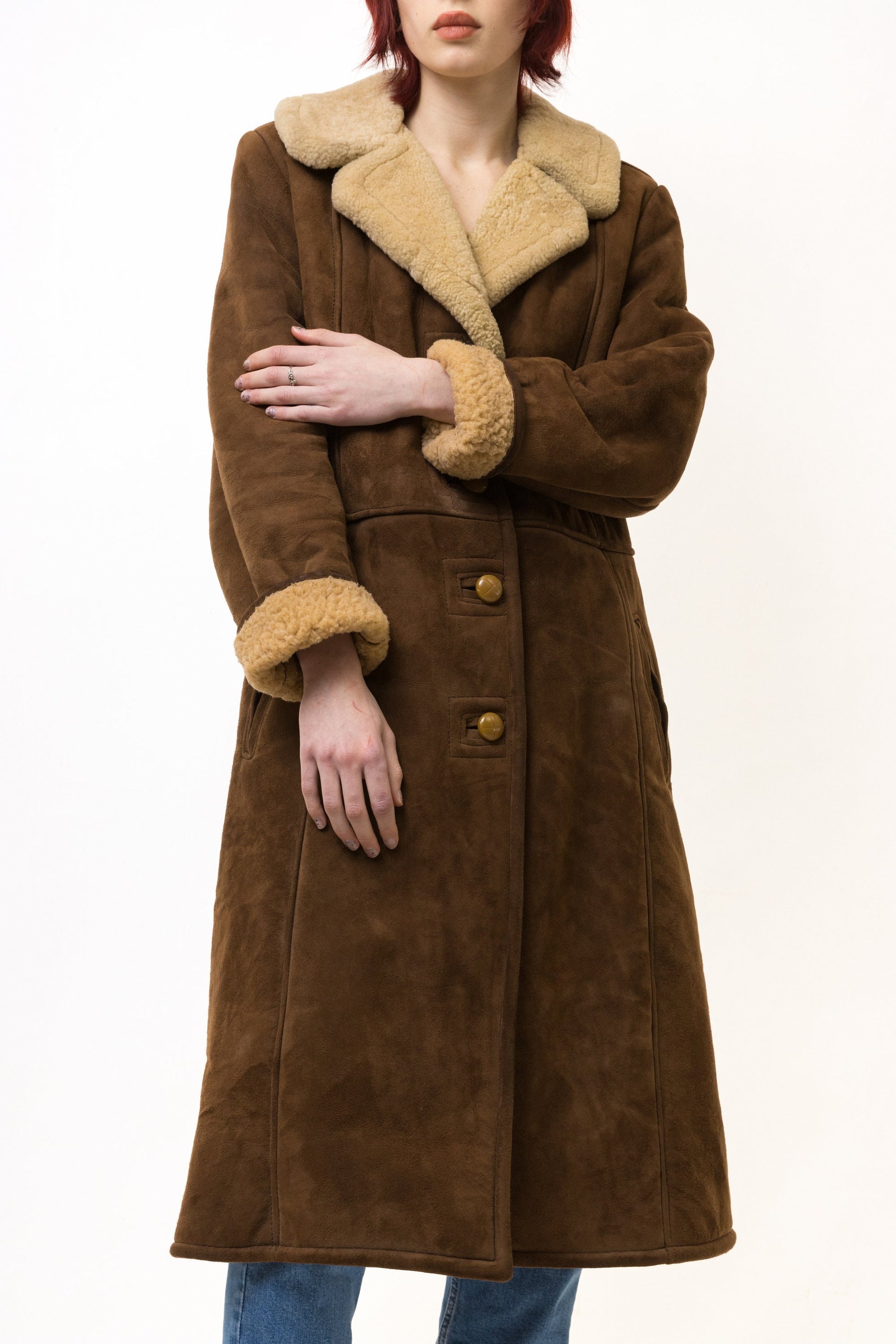 80s Vintage Suede Sheepskin Leather Shearling Fastens Coat size Medium / Vintage Leather Shearling Coat/ Vintage Woman Winter Suede Coat