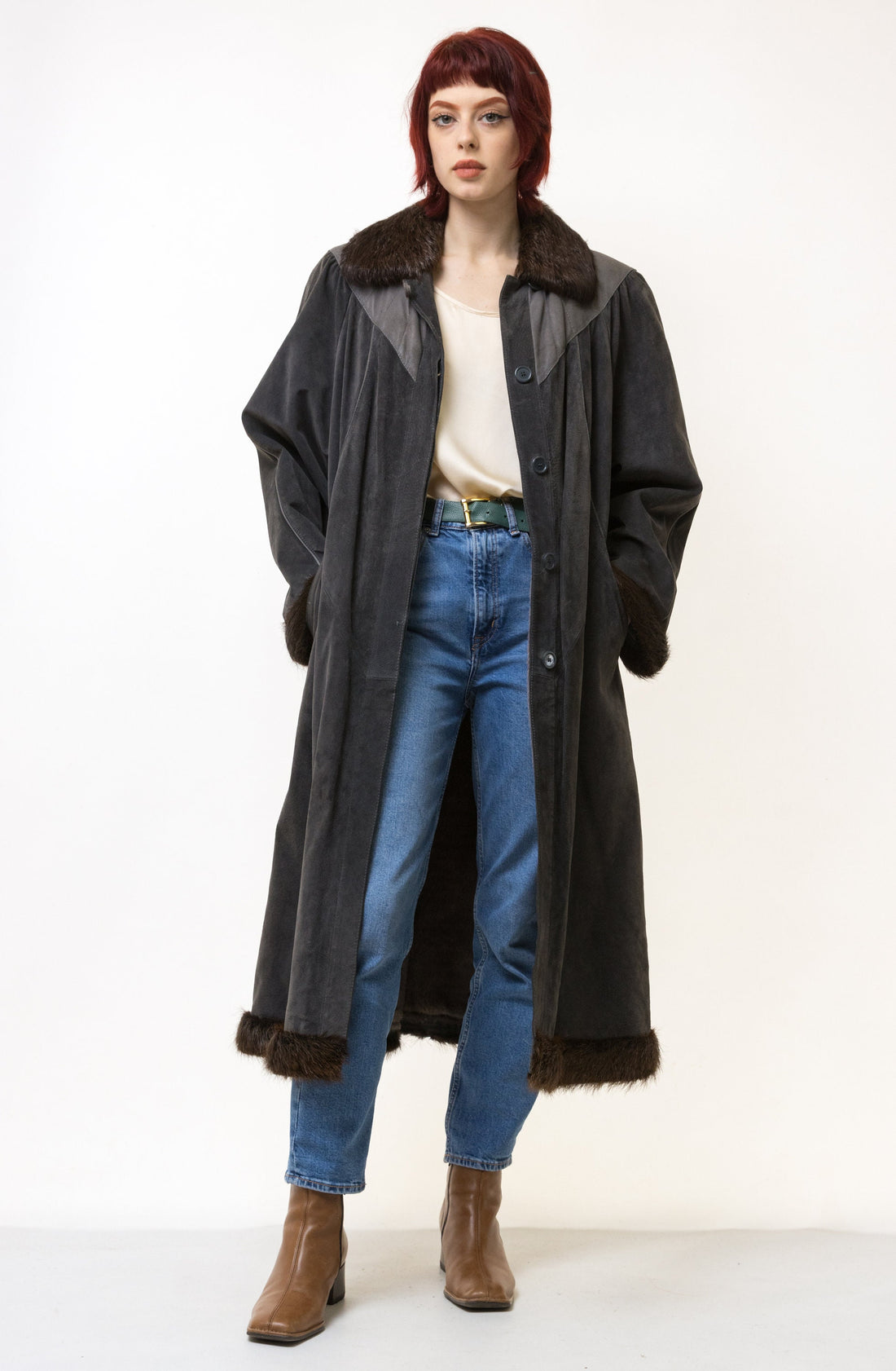 70s Woman Fur Lined Suede Coat Women Vintage 80s winter coat long wool coat outerwear maxi winter coat vintage clothing size Medium