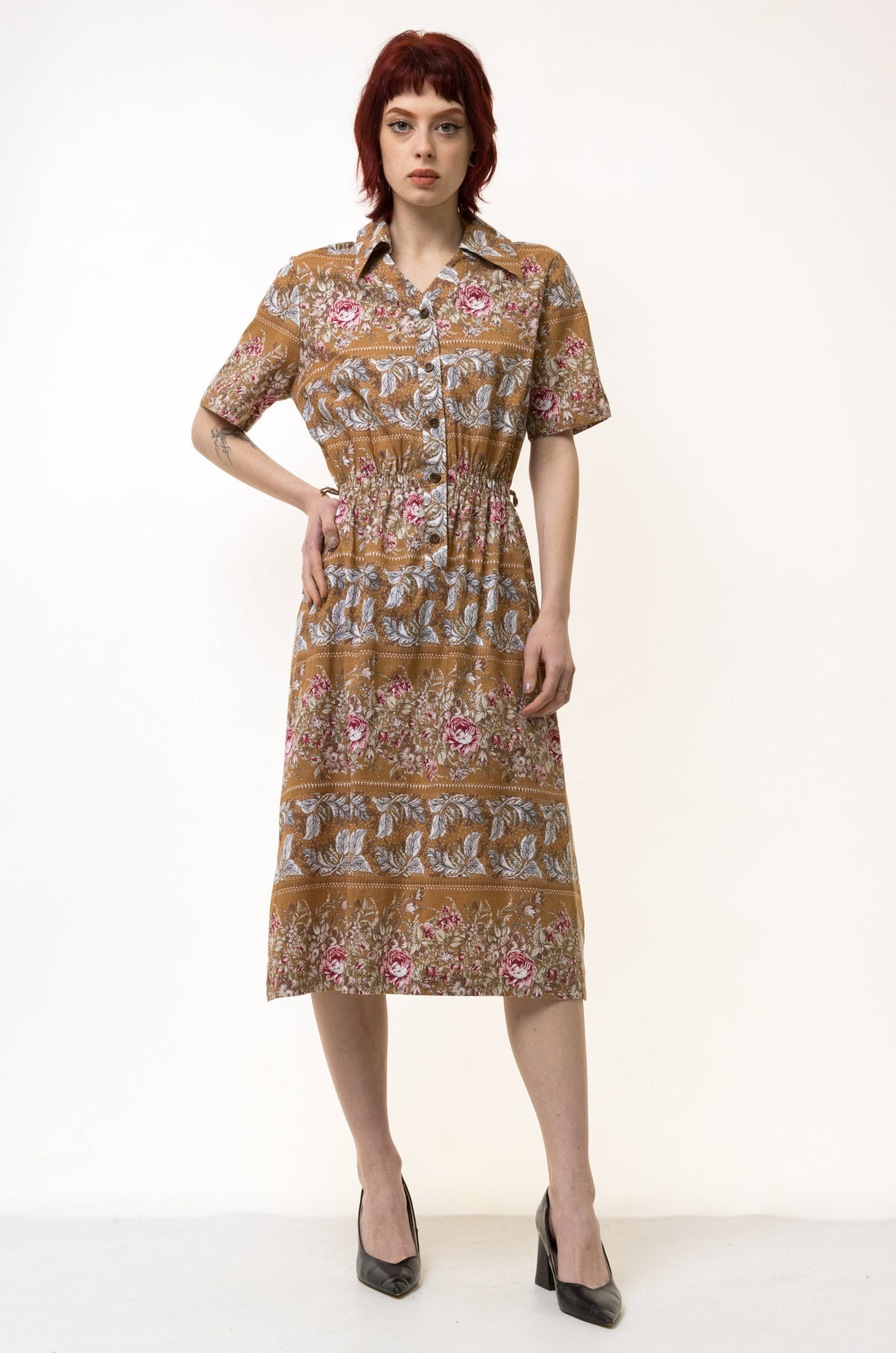 80s Vintage Y2k Maxi Length Brown Floral A Line Short Sleeves Dress size M Medium/ Vintage Woman Maxi Length Dress/ Vintage Woman Dress