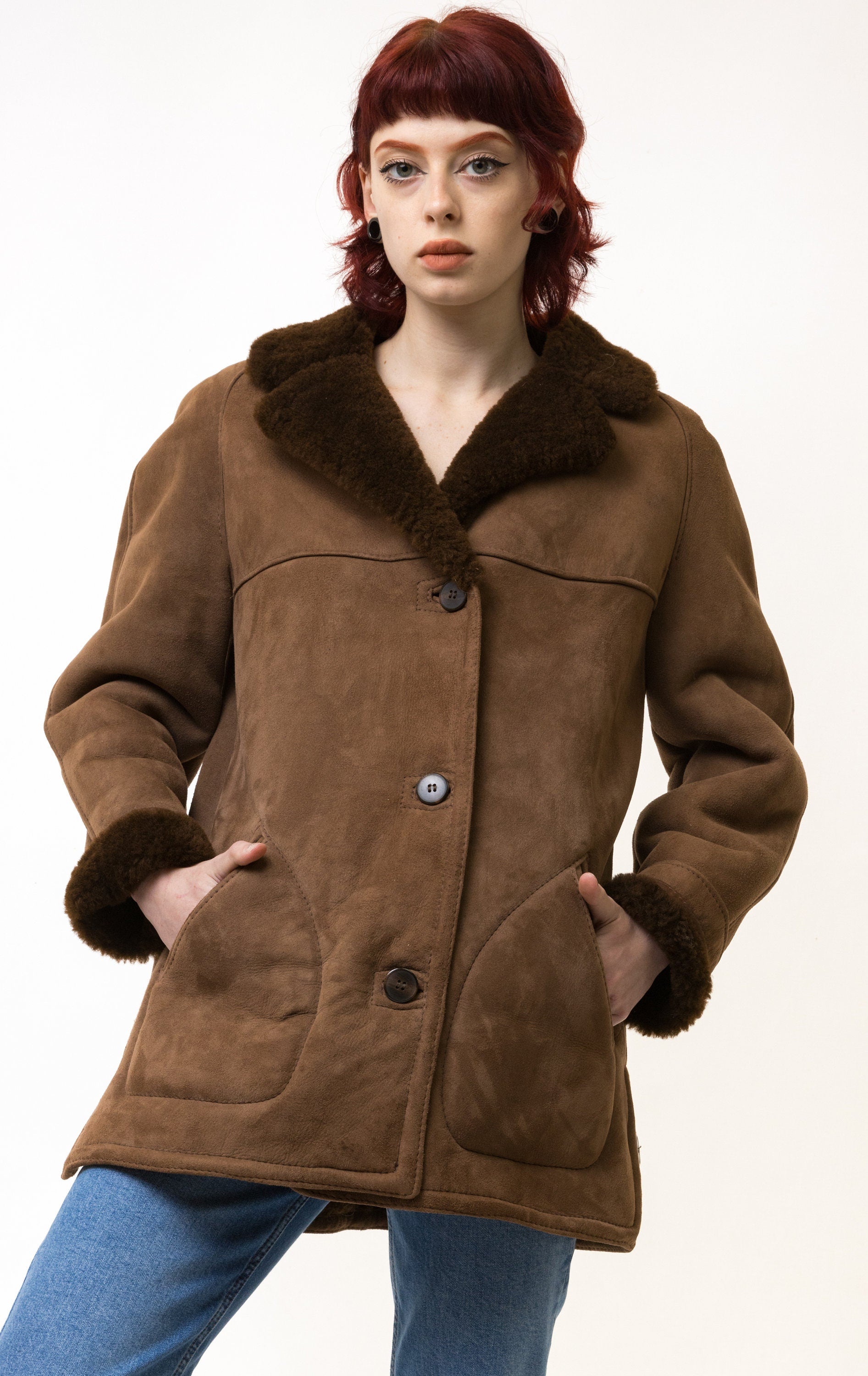 80s Vintage Suede Sheepskin Leather Shearling Fastens Coat size Small / Vintage Leather Shearling Coat/ Vintage Woman Winter Suede Coat