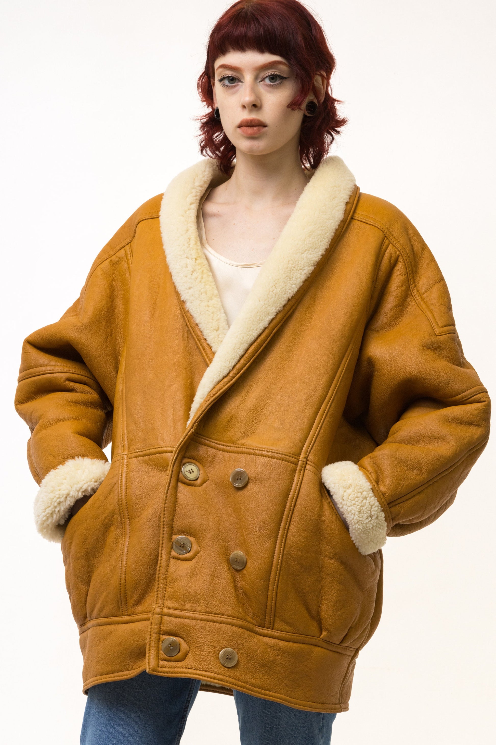 80s Vintage Leather Sheepskin Leather Shearling Fastens Coat size Medium/ Vintage Leather Shearling Coat/ Vintage Woman Winter Suede Coat