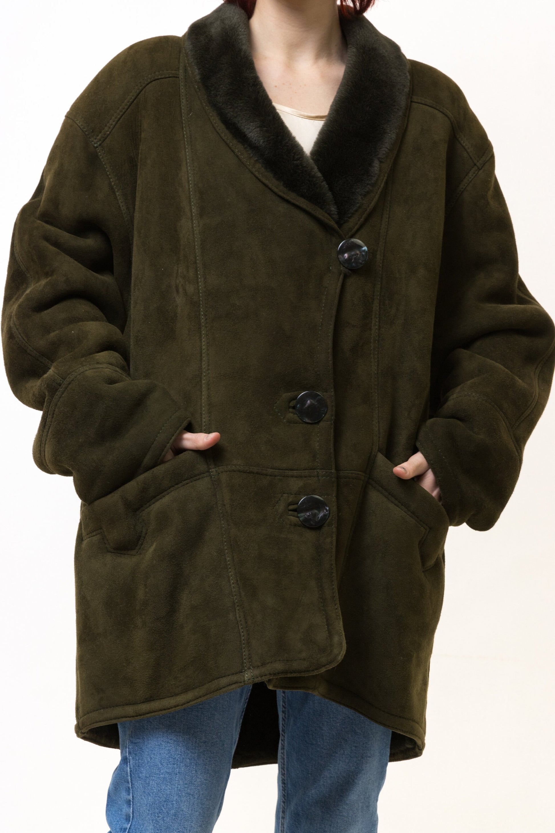 Sherpa Coat Women vintage 80's khaki suede oversized sherpa detachable sleeve sunny green shearl overcoat sustainable fashion Large