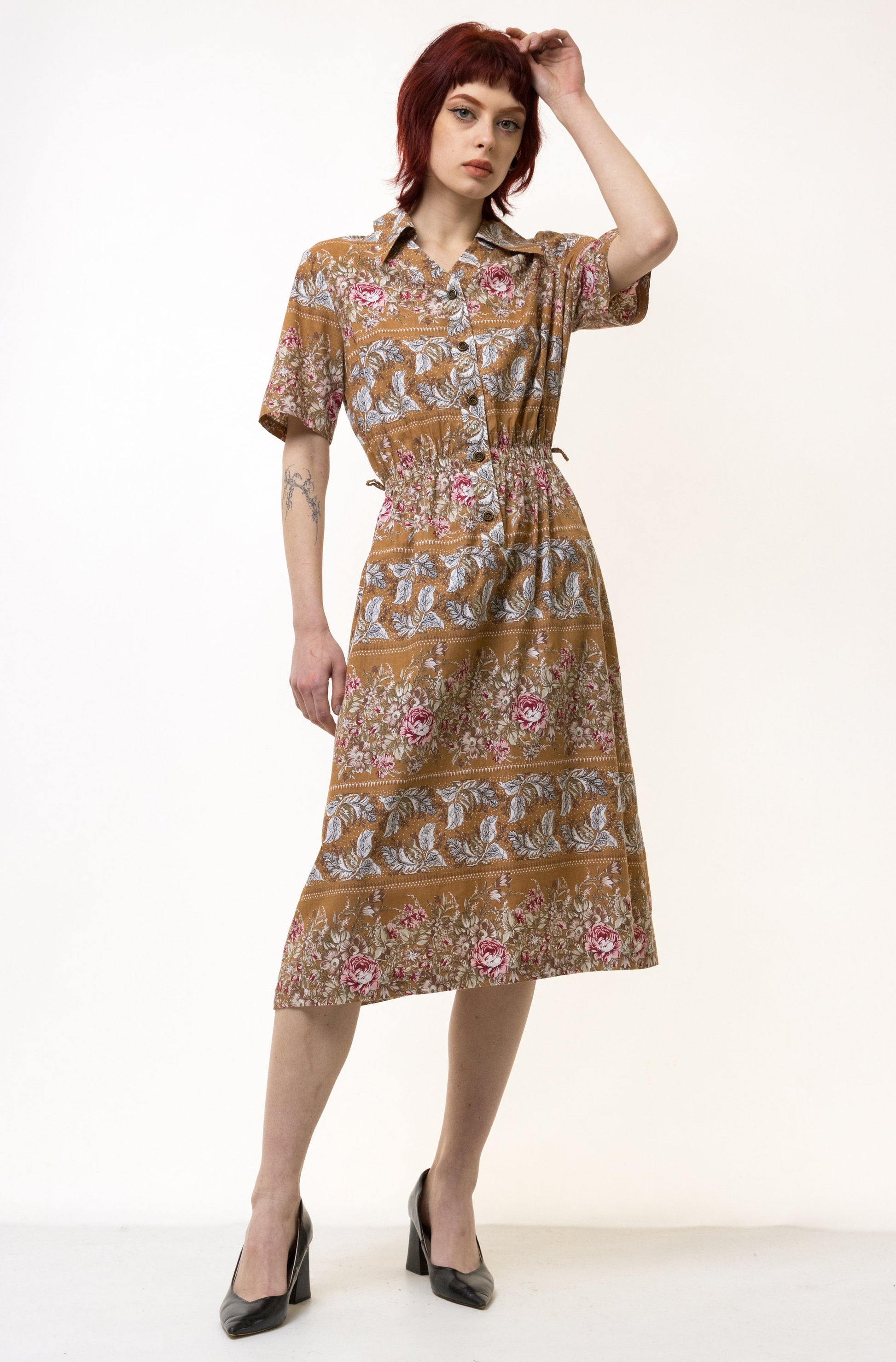 80s Vintage Y2k Maxi Length Brown Floral A Line Short Sleeves Dress size M Medium/ Vintage Woman Maxi Length Dress/ Vintage Woman Dress