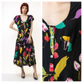 Vintage Y2k Maxi Length Black Floral A Line Short Sleeves Dress size M Medium / Vintage Woman Maxi Length Dress/ Vintage Woman Dress