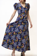 Vintage 80s Maxi Length Blue Floral A Line Short Sleeves Dress size S M / Vintage Woman Maxi Length Dress/ Vintage Woman Dress