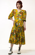 Vintage 70s Maxi Length Yellow Floral A Line 3/4 Sleeves Dress size M Medium / Vintage Woman Maxi Length Dress/ Vintage Woman Dress