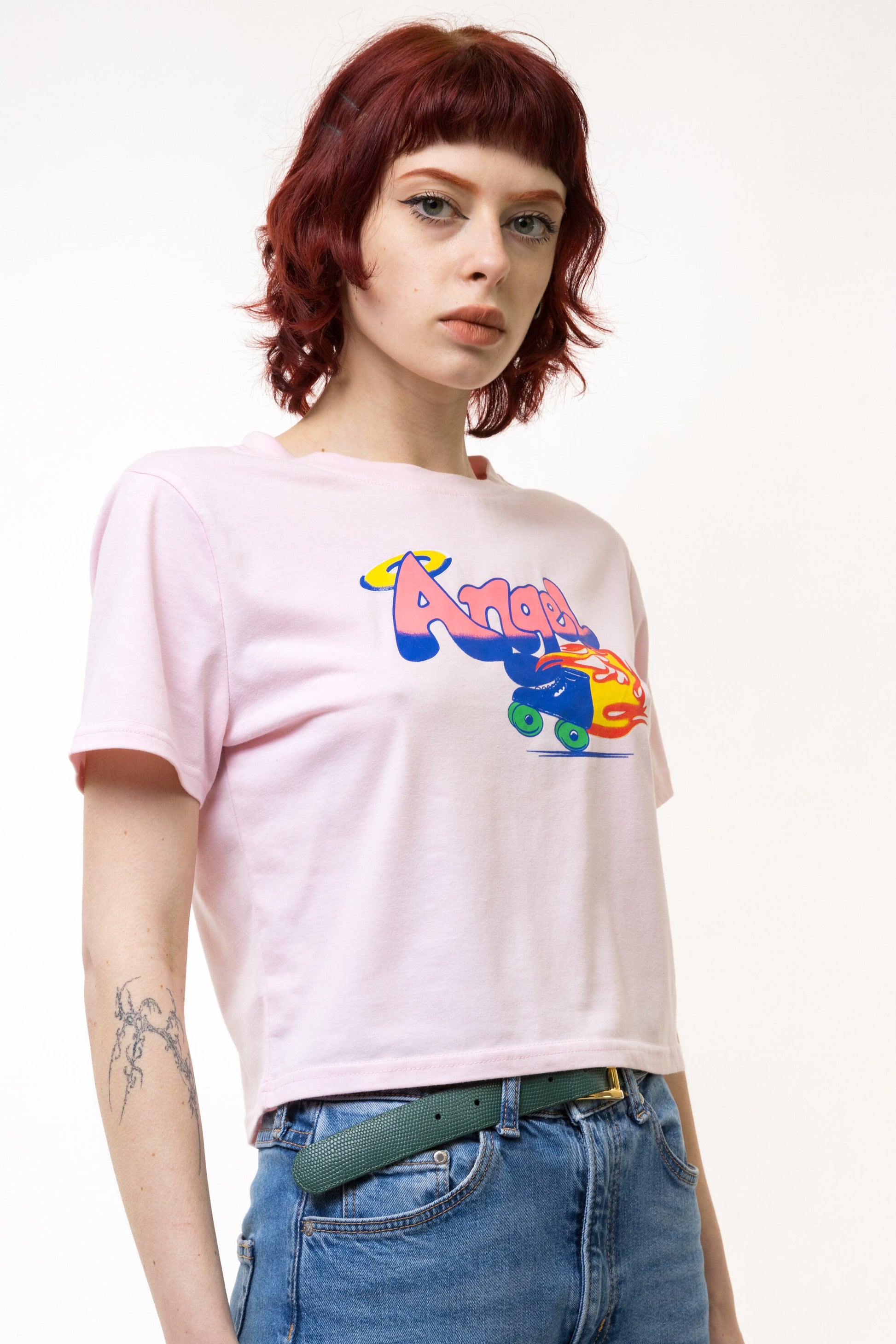 90s Vintage I Pink Graphic T Shirt - Women's L | Vintage Pink Graphic Print Crop Tee